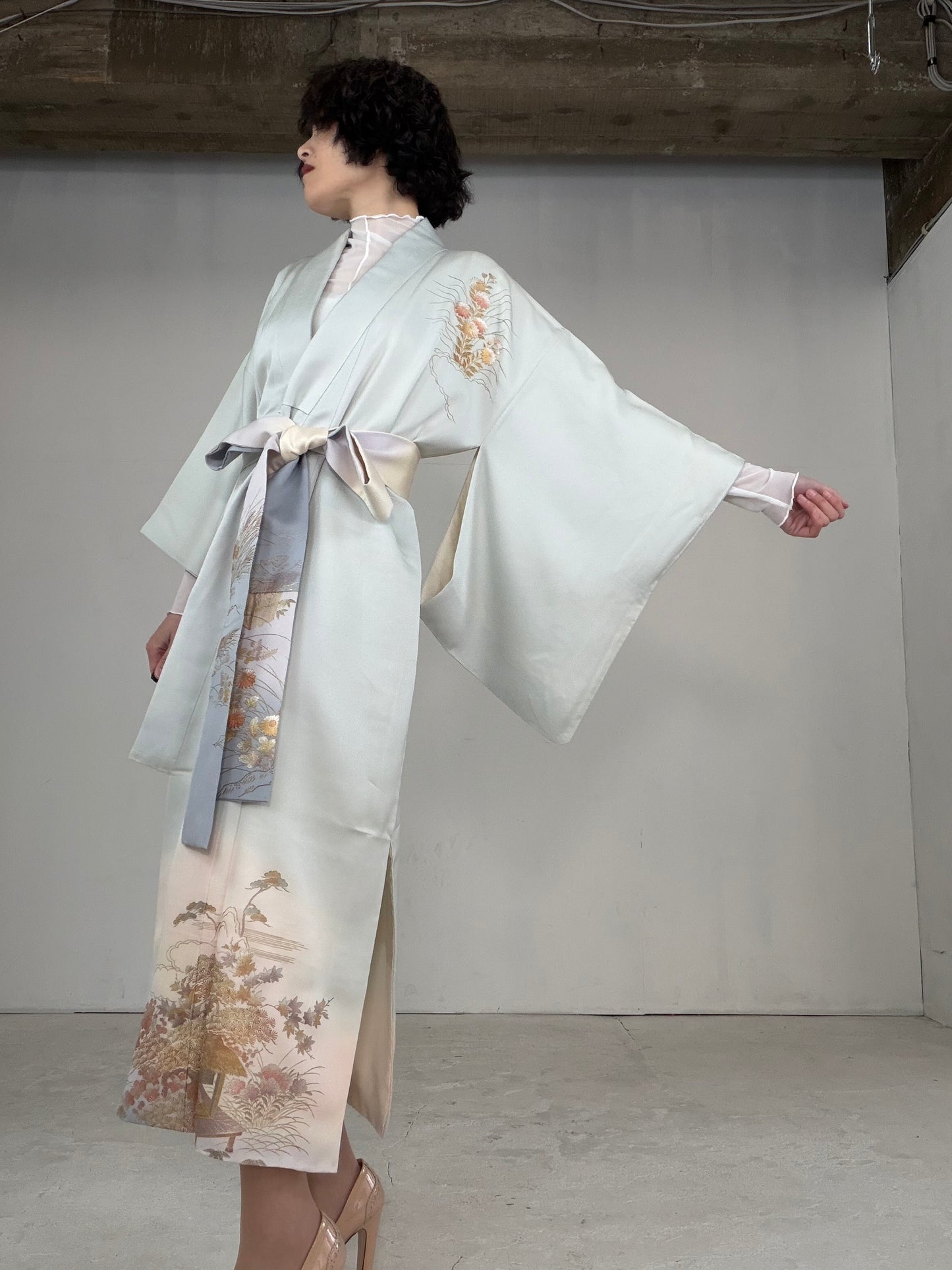 Houmongi Kimono dress gown and string belt upcycled from Japanese kimono"DRE014"
