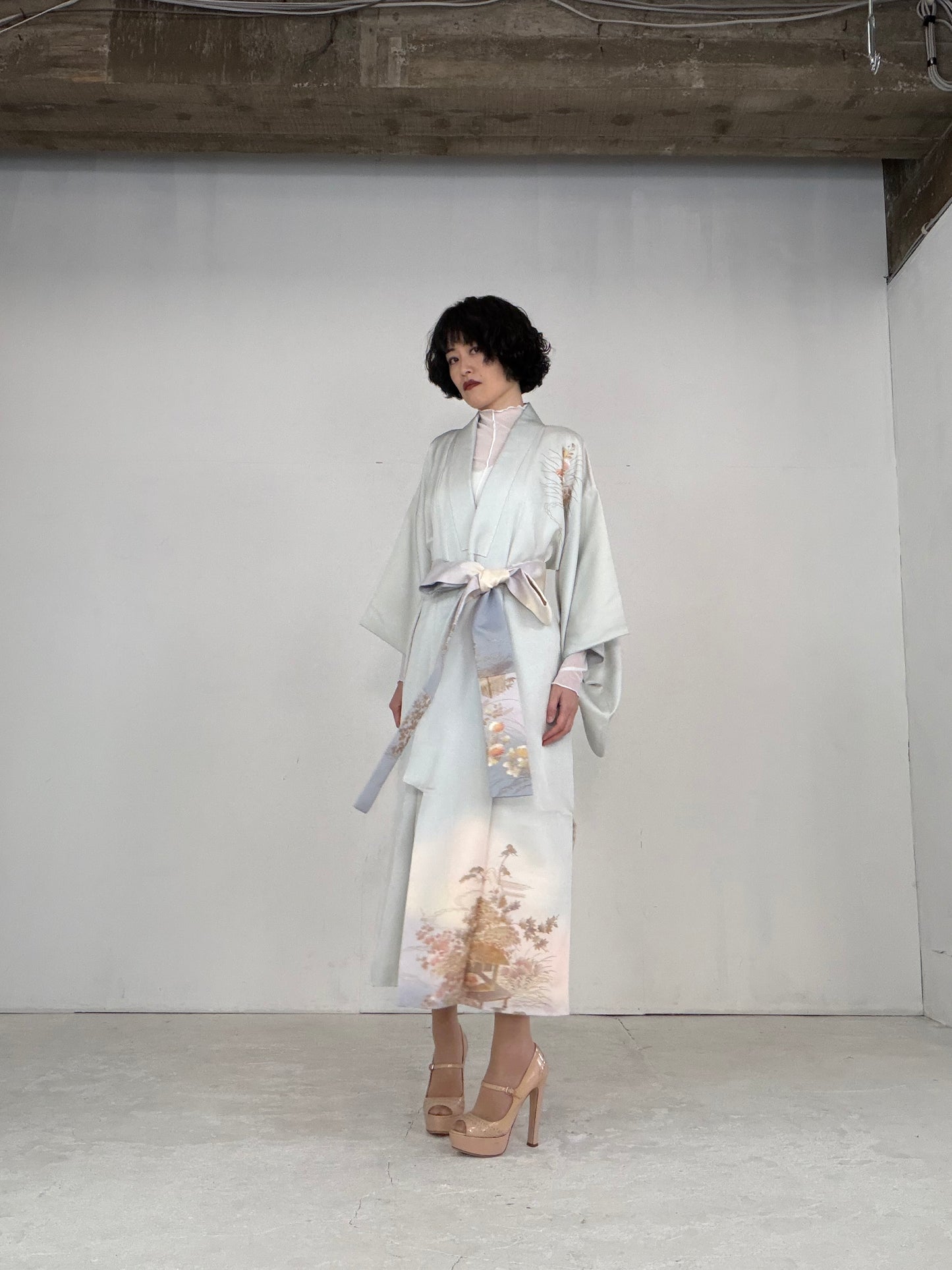 Houmongi Kimono dress gown and string belt upcycled from Japanese kimono"DRE014"