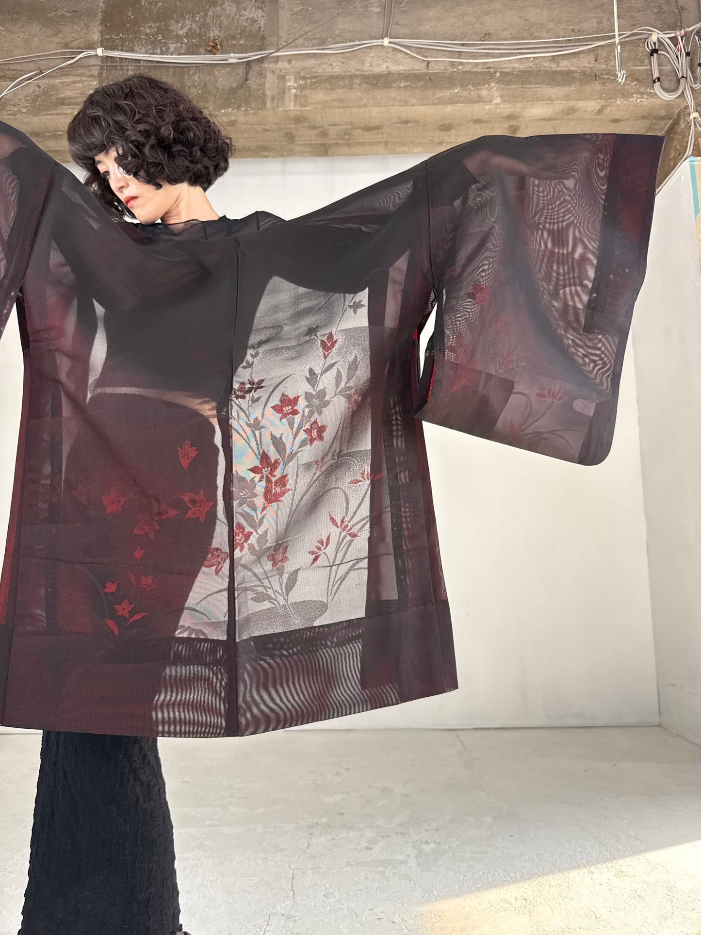 VINTAGE BLACK HAORI SHEER “sha, red, kikyo"