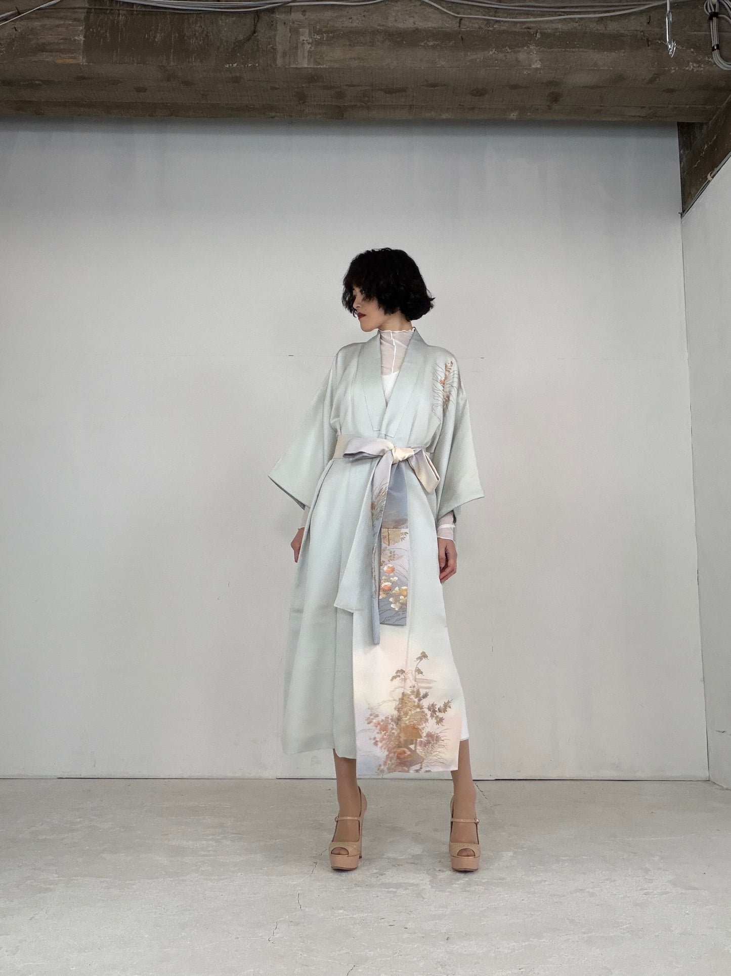 Houmongi Kimono dress gown and string belt upcycled from Japanese kimono"DRE014"