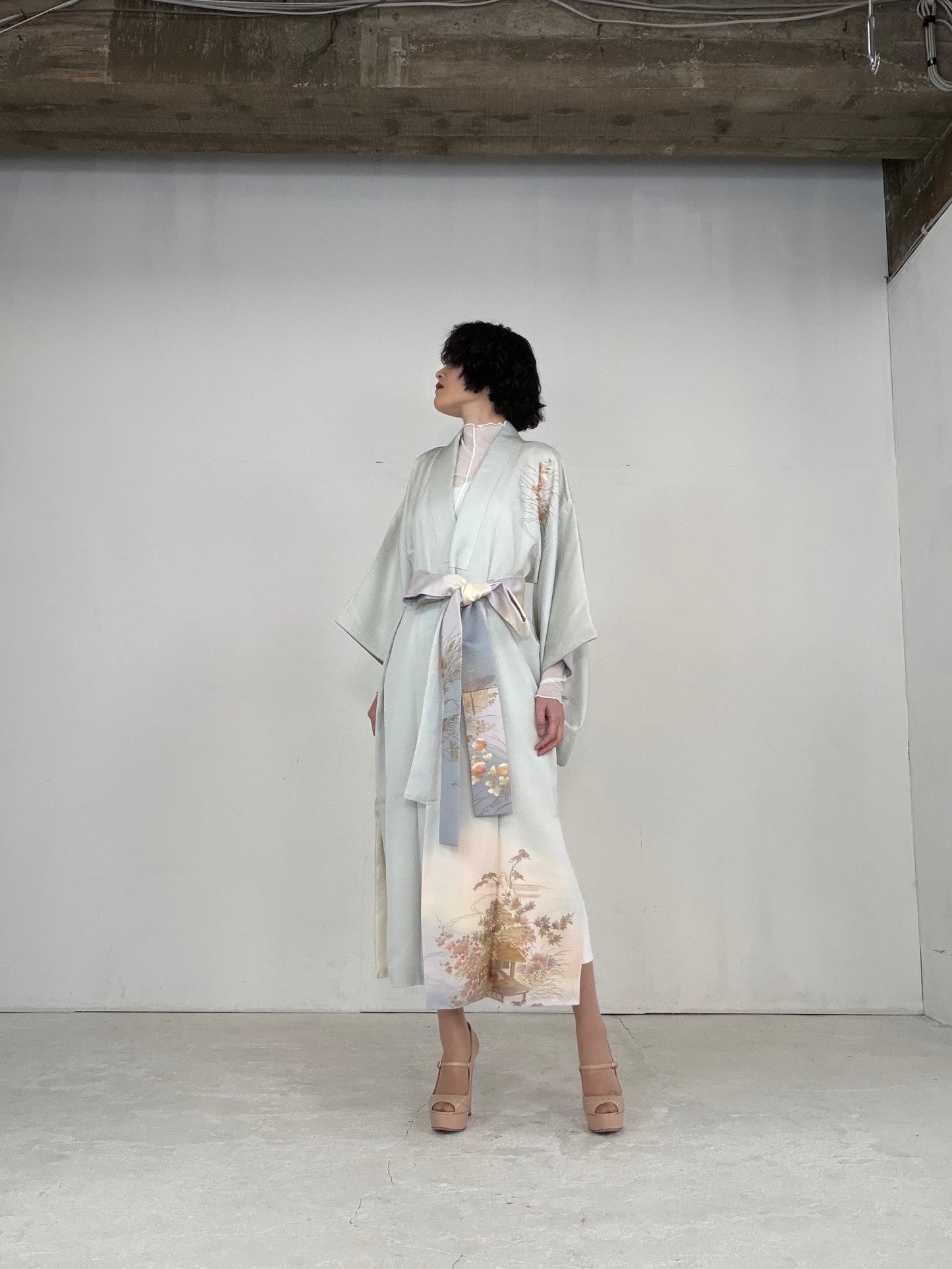 Houmongi Kimono dress gown and string belt upcycled from Japanese kimono"DRE014"