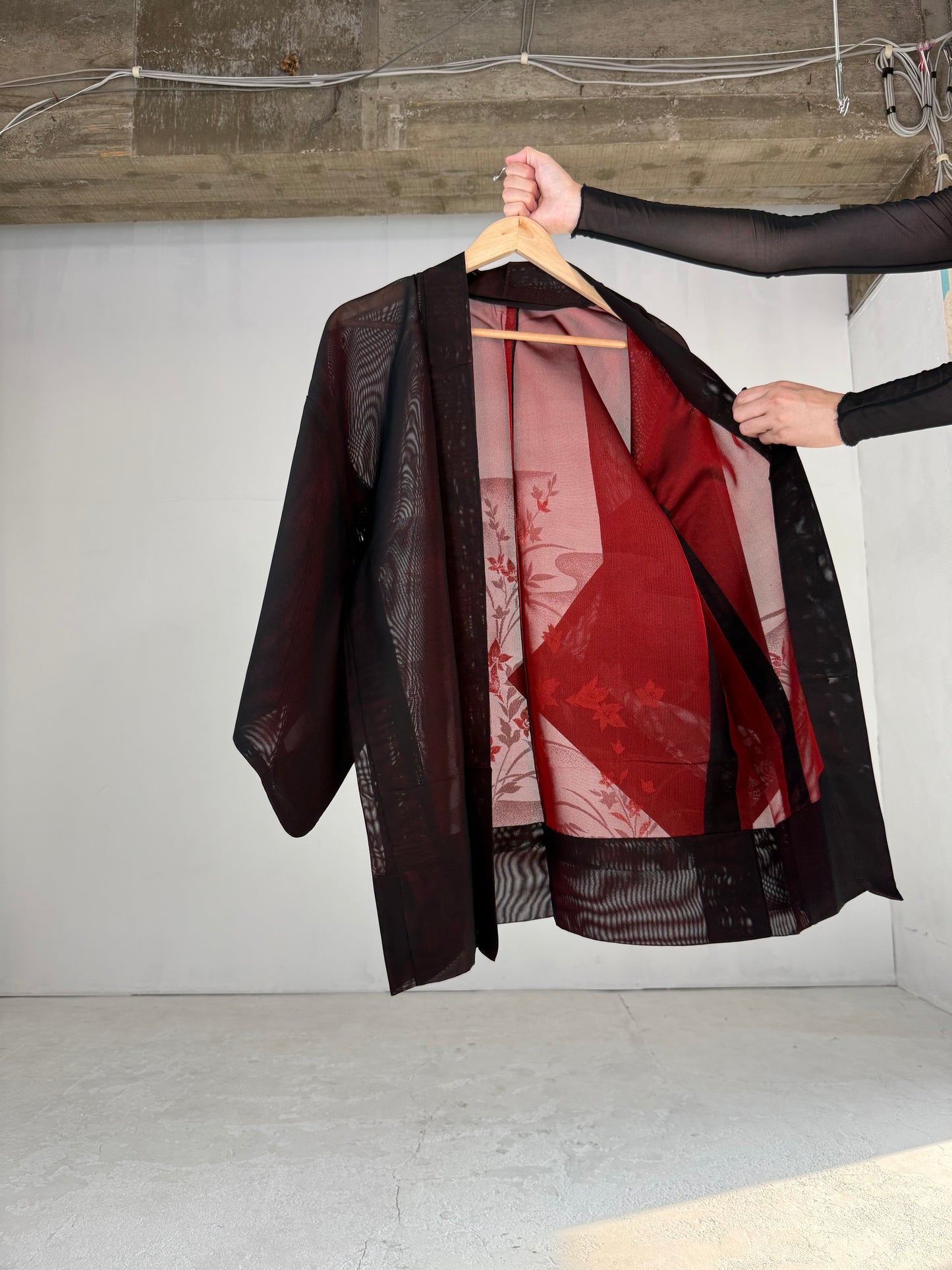 VINTAGE BLACK HAORI SHEER “sha, red, kikyo"