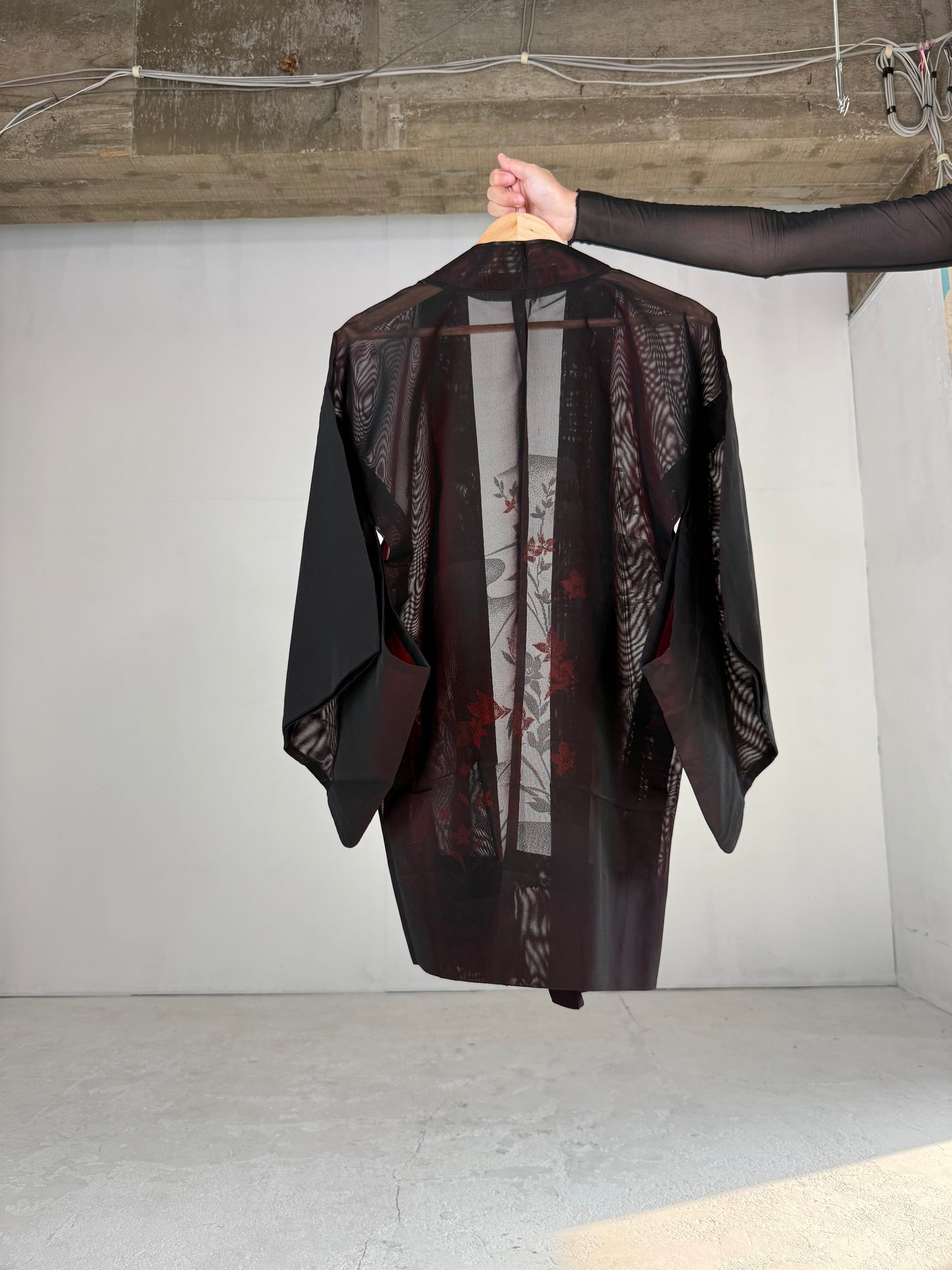 VINTAGE BLACK HAORI SHEER “sha, red, kikyo"