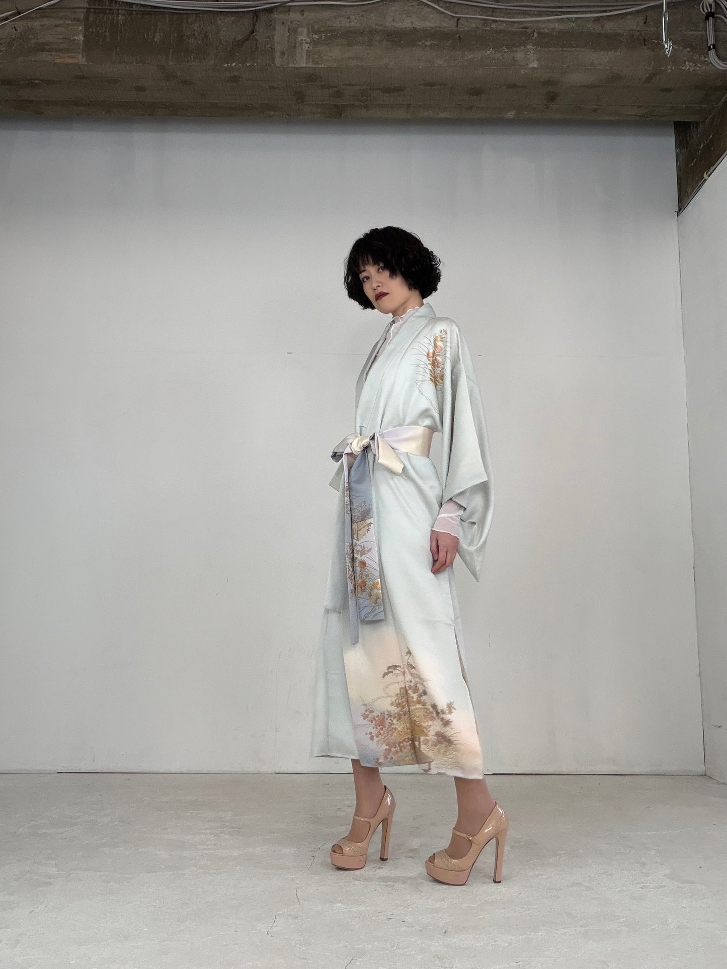 Houmongi Kimono dress gown and string belt upcycled from Japanese kimono"DRE014"