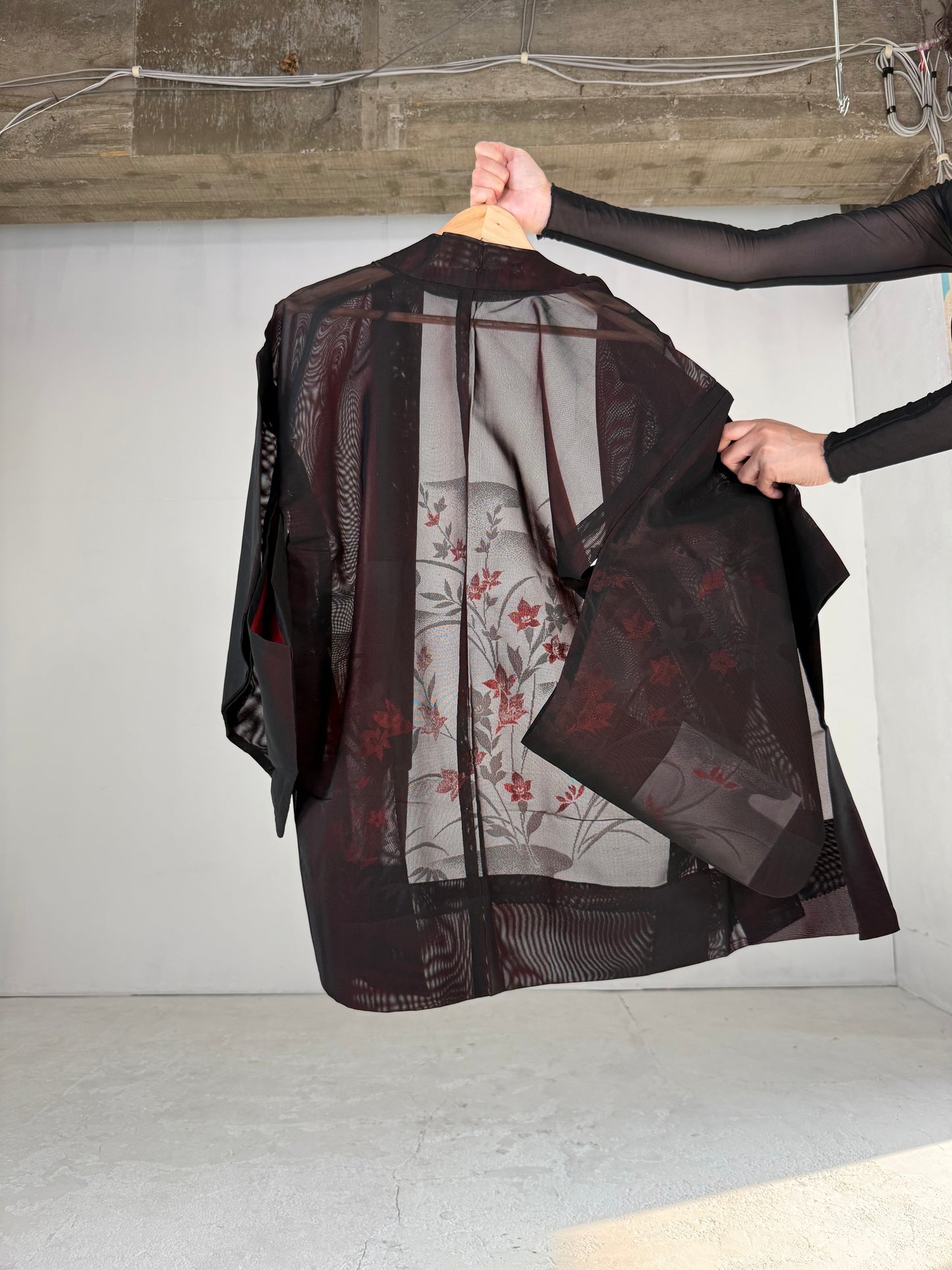 VINTAGE BLACK HAORI SHEER “sha, red, kikyo"