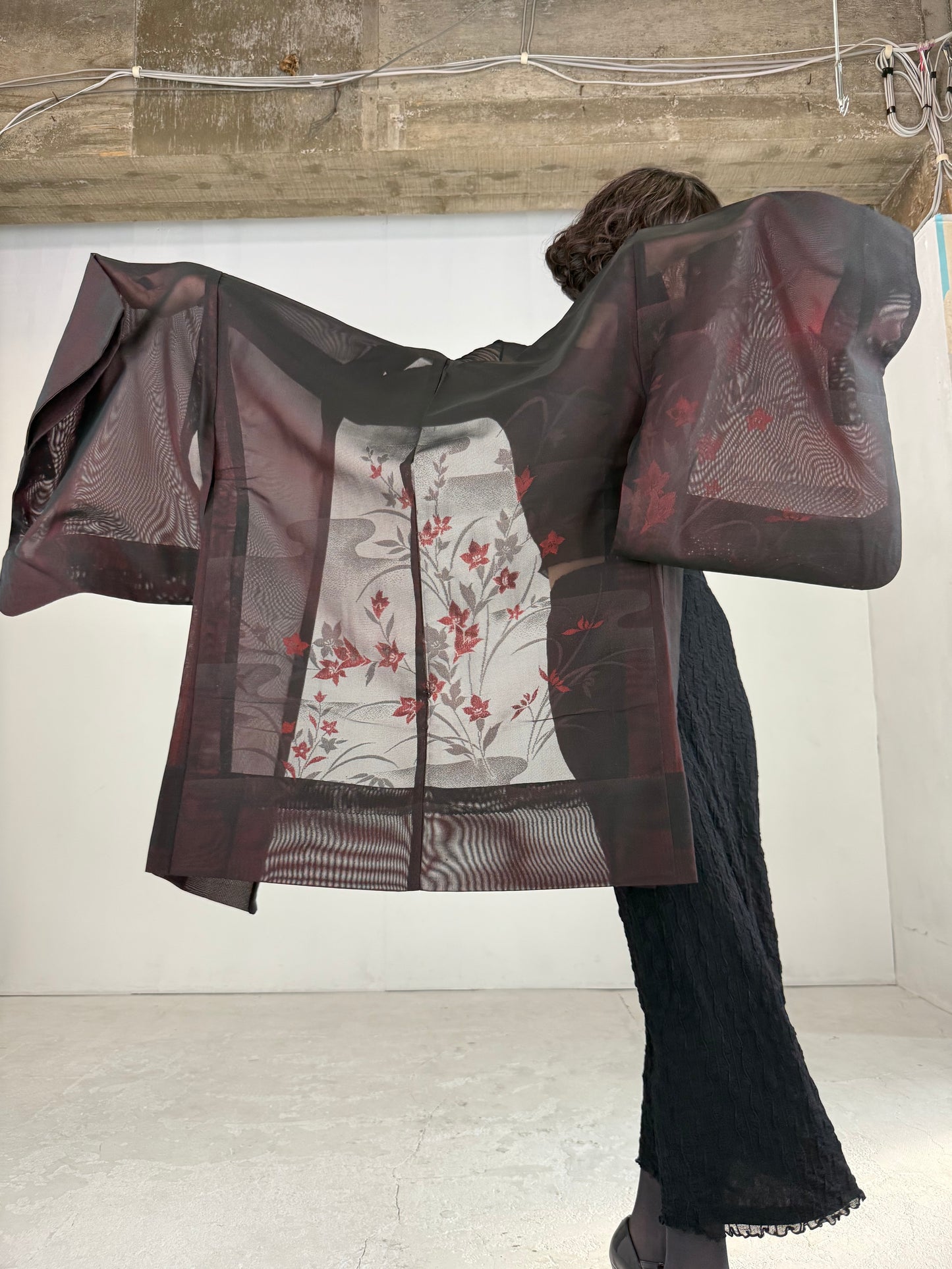 VINTAGE BLACK HAORI SHEER “sha, red, kikyo"
