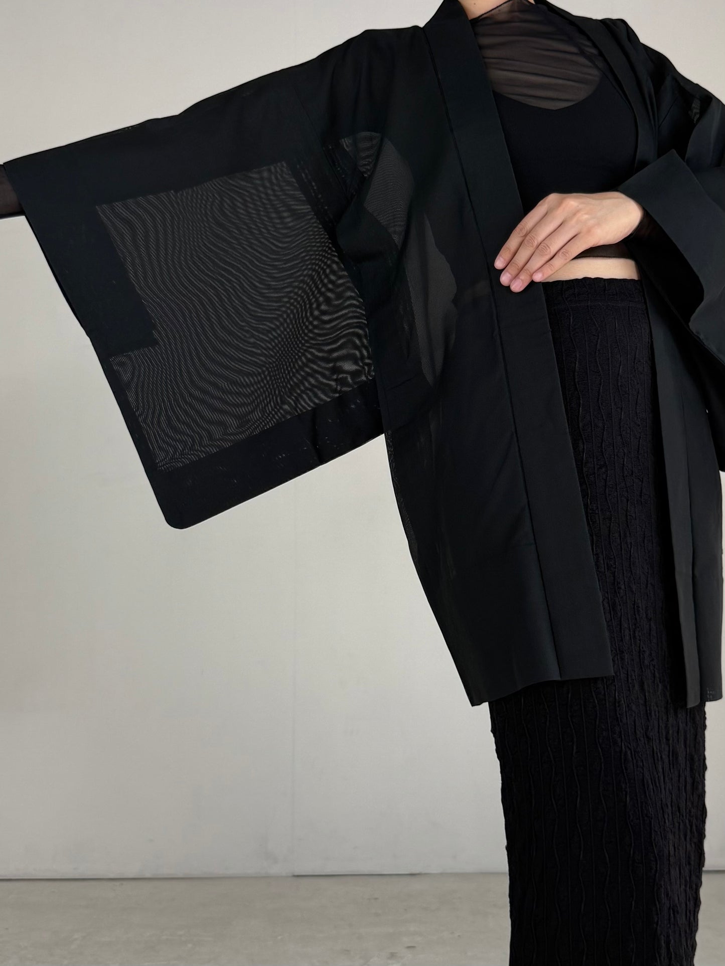 VINTAGE BLACK HAORI SHEER “sha, blue"
