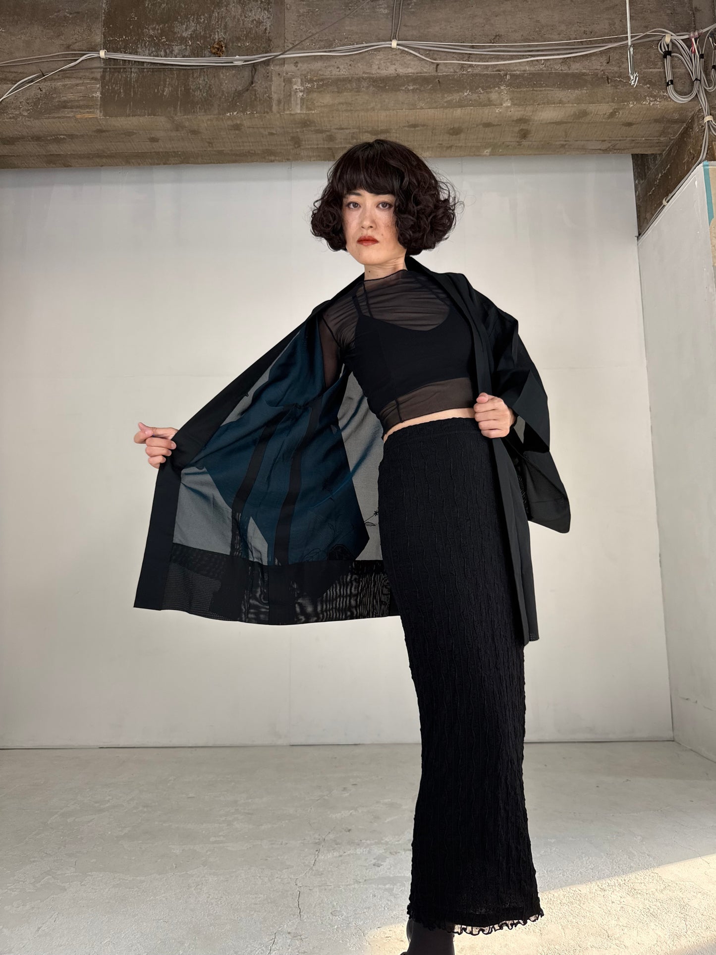 VINTAGE BLACK HAORI SHEER “sha, blue"