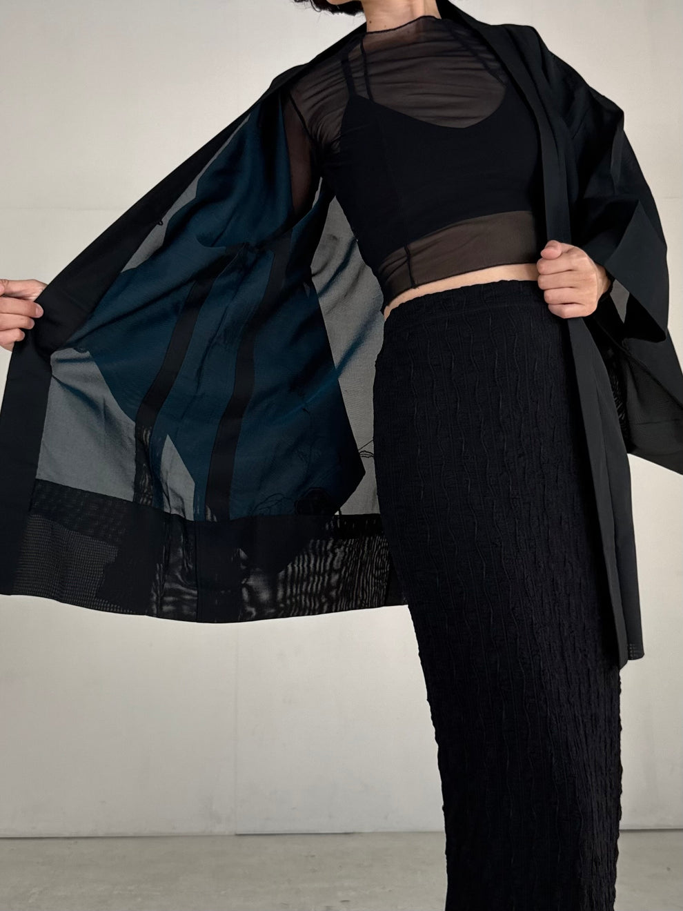 VINTAGE BLACK HAORI SHEER “sha, blue, SHH010
