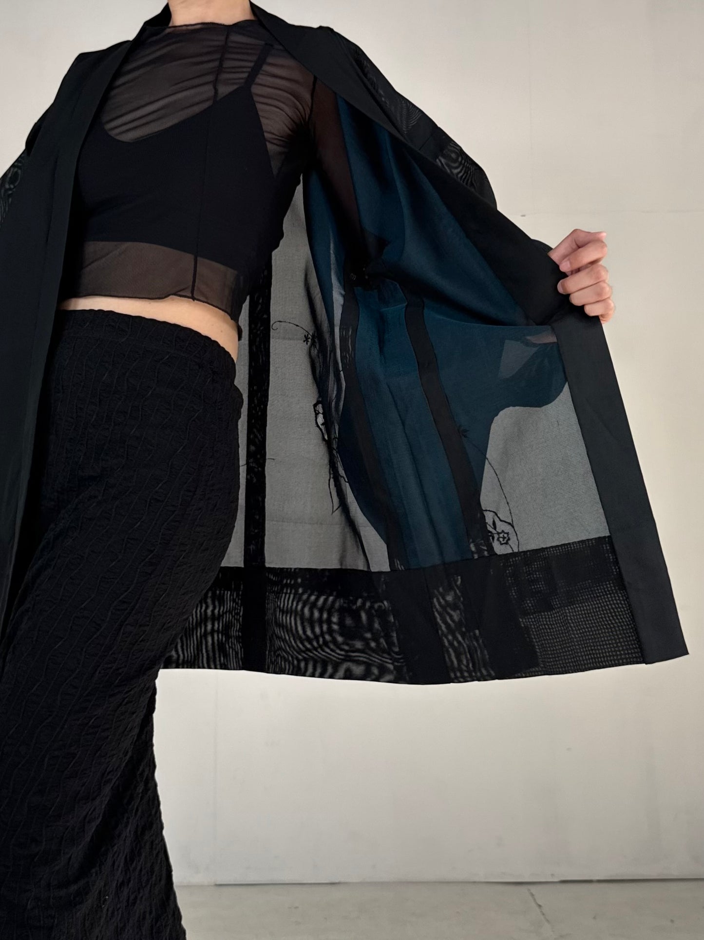 VINTAGE BLACK HAORI SHEER “sha, blue"