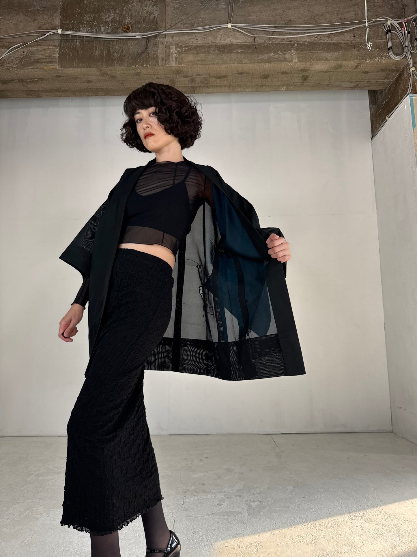 VINTAGE BLACK HAORI SHEER “sha, blue"