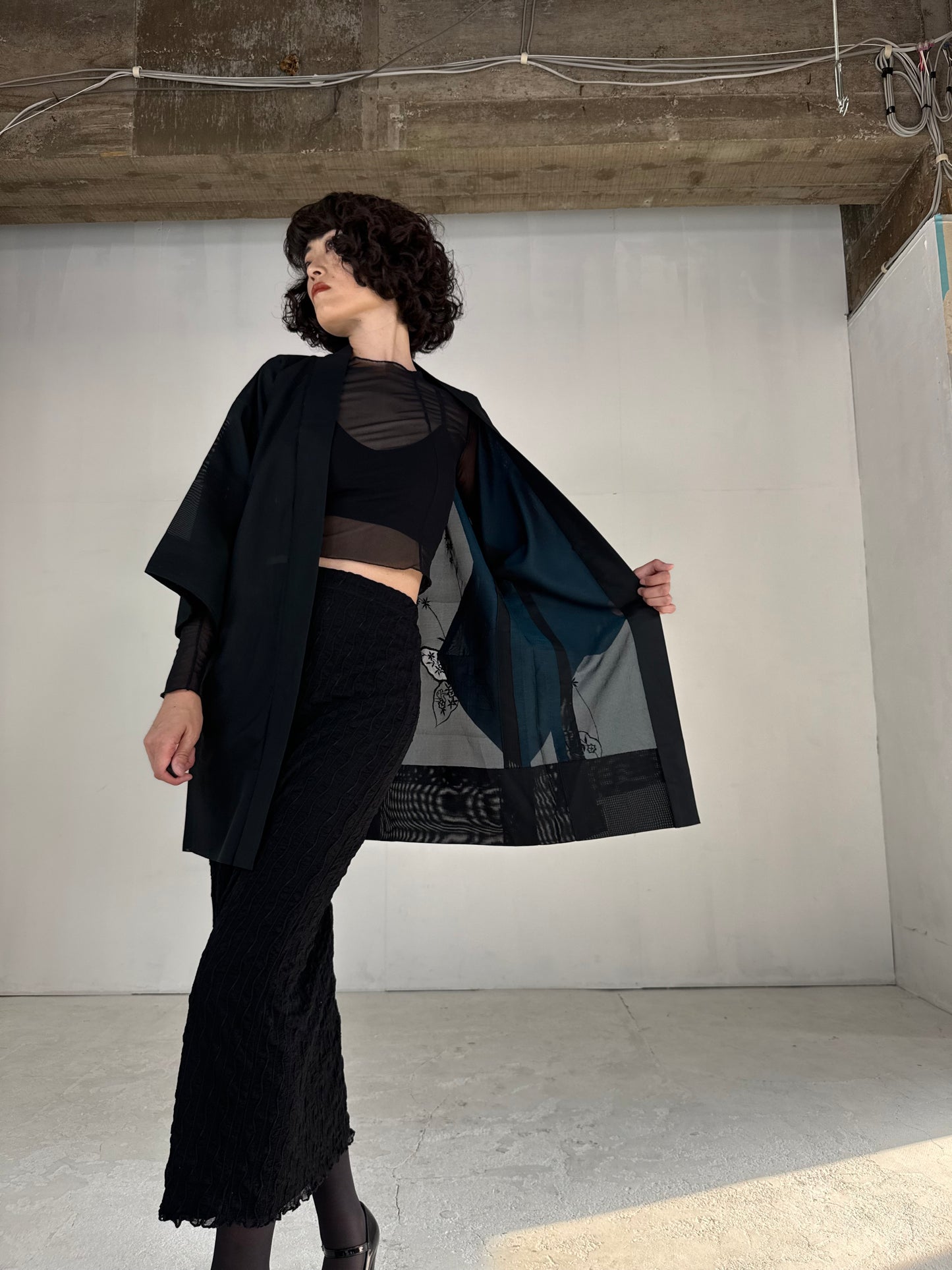 VINTAGE BLACK HAORI SHEER “sha, blue"