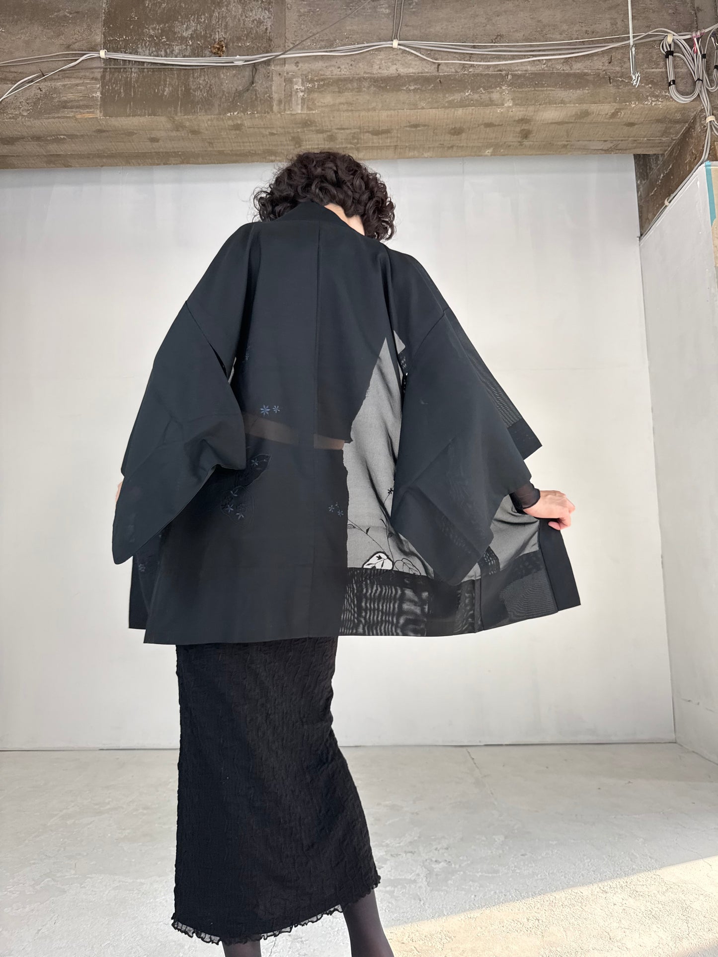 VINTAGE BLACK HAORI SHEER “sha, blue"