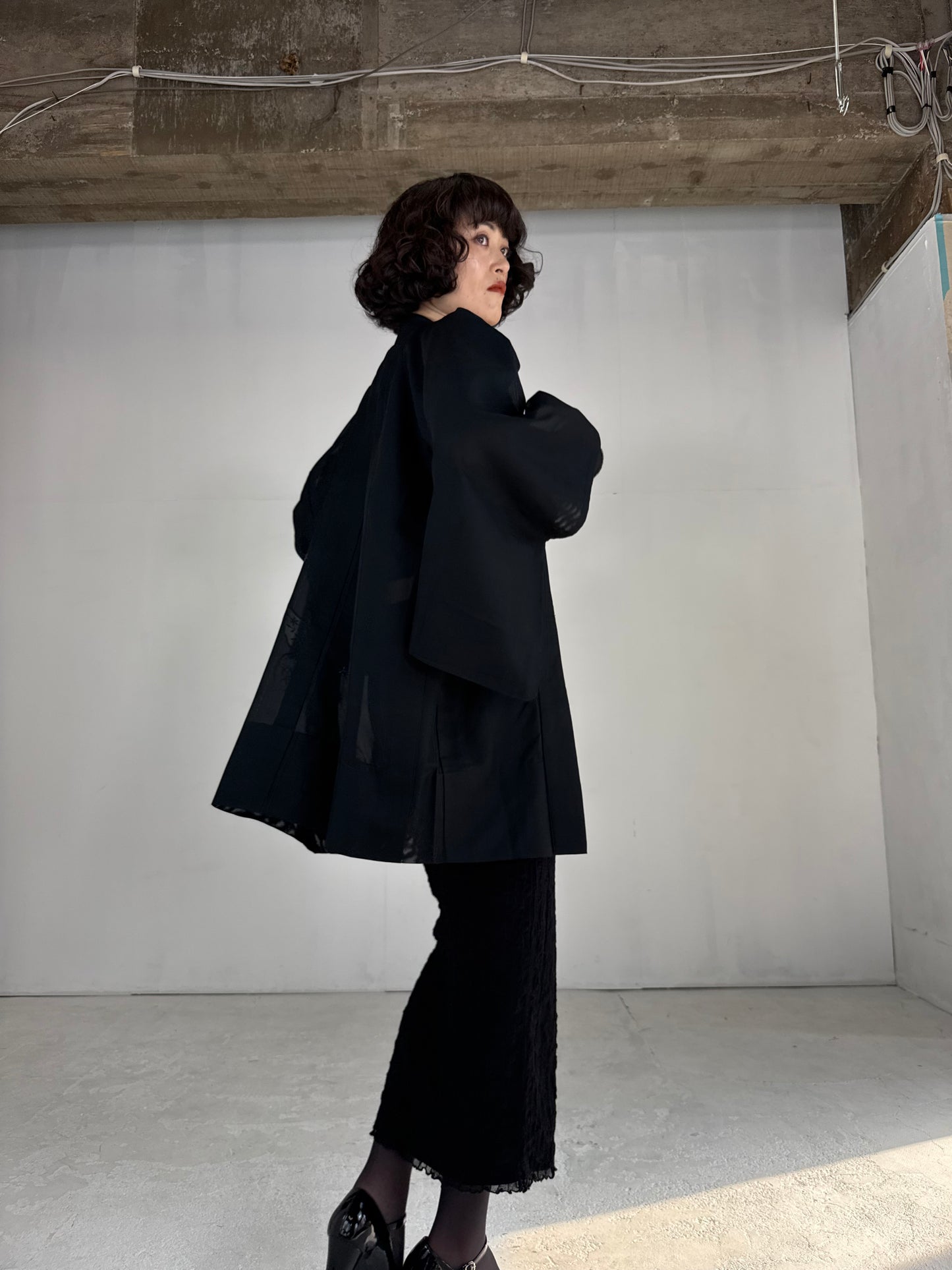 VINTAGE BLACK HAORI SHEER “sha, blue"