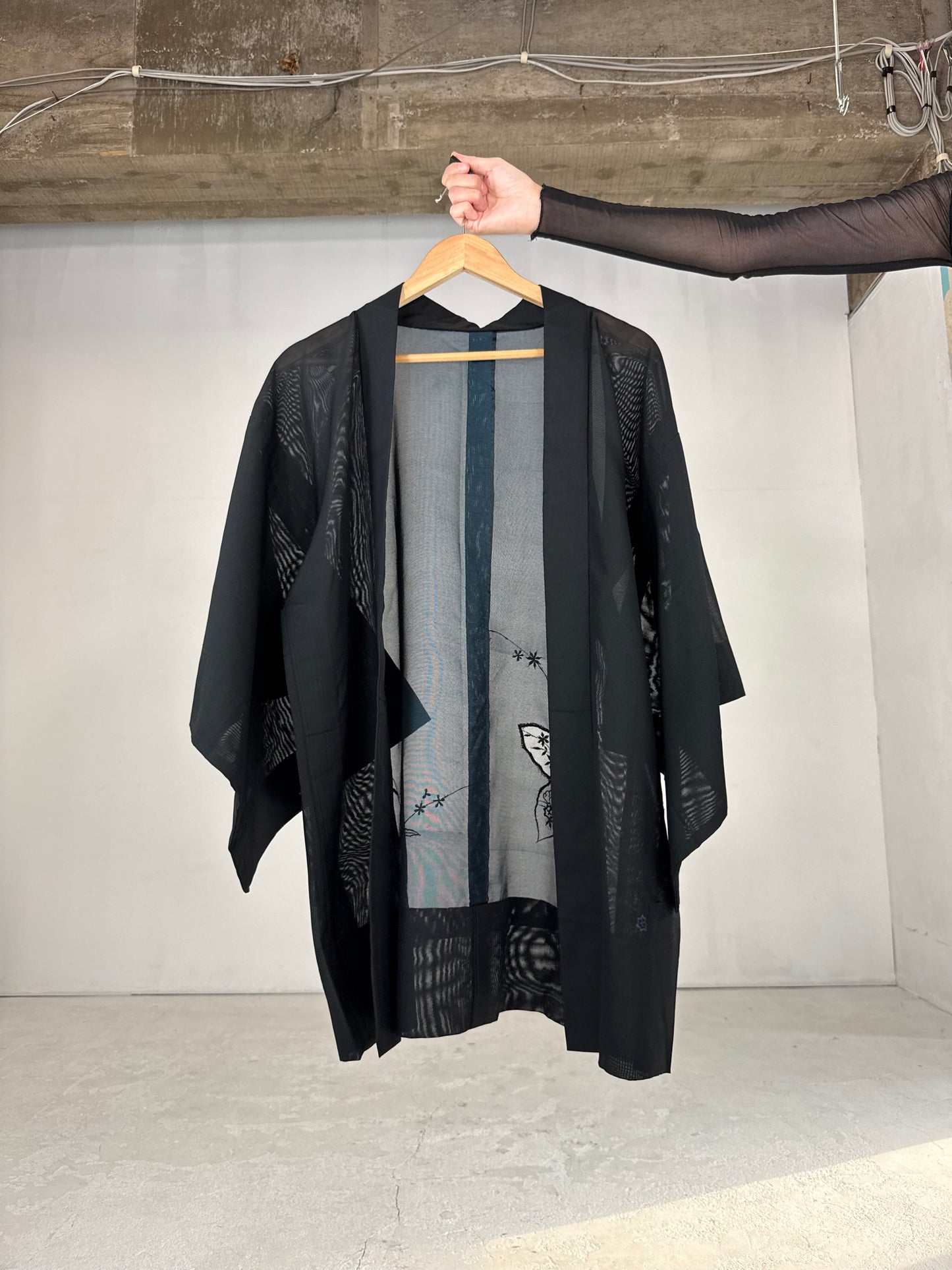 VINTAGE BLACK HAORI SHEER “sha, blue"