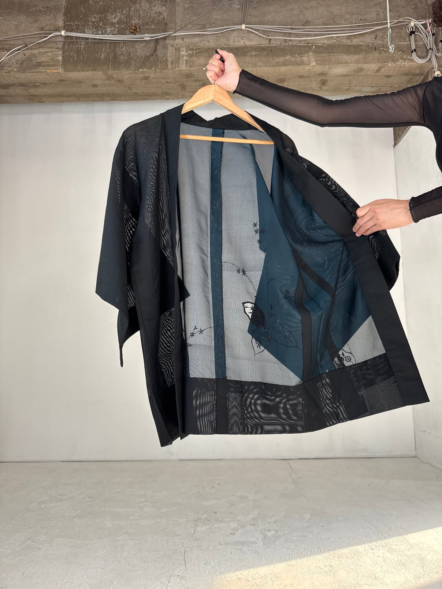 VINTAGE BLACK HAORI SHEER “sha, blue"