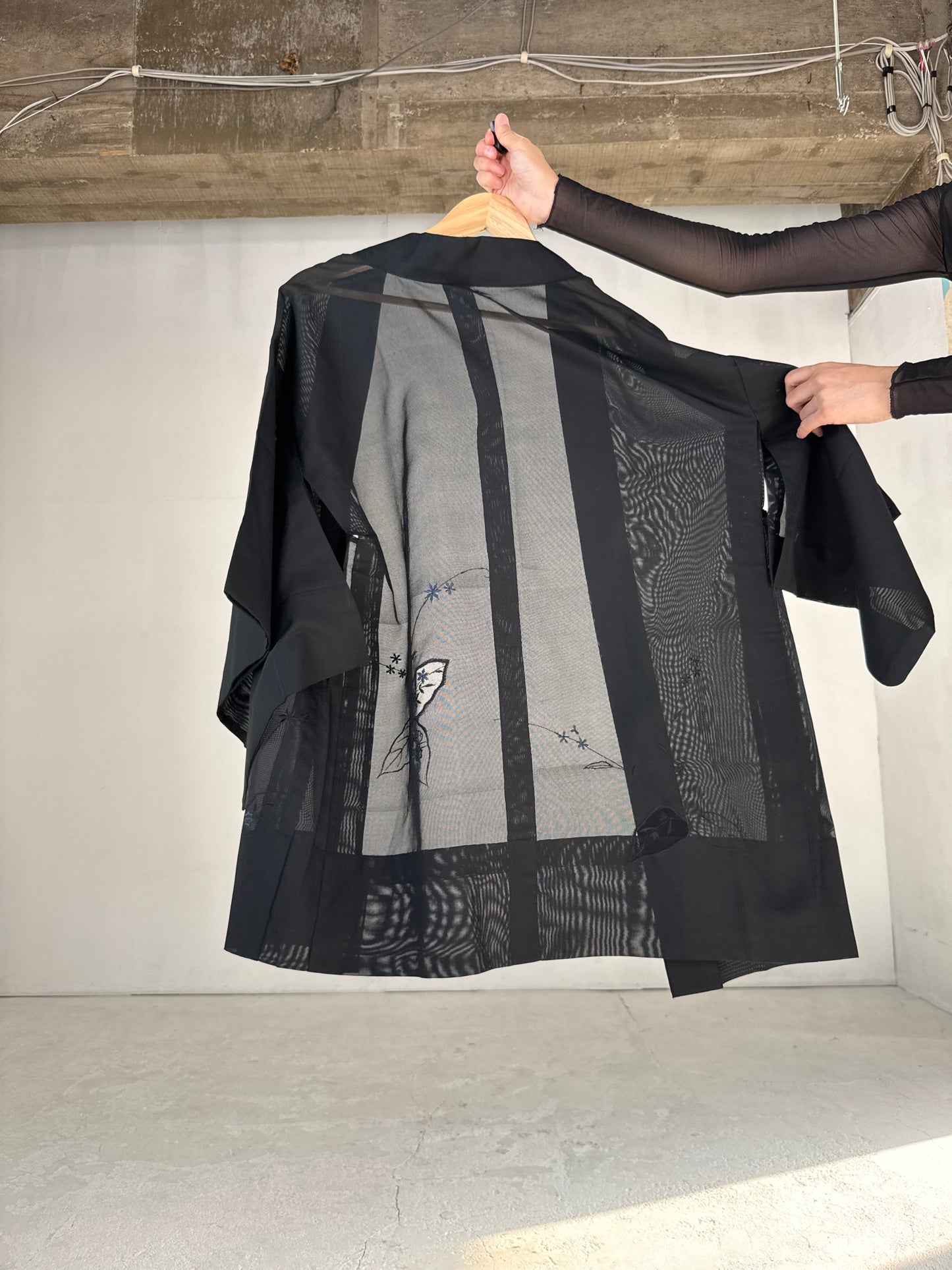 VINTAGE BLACK HAORI SHEER “sha, blue"