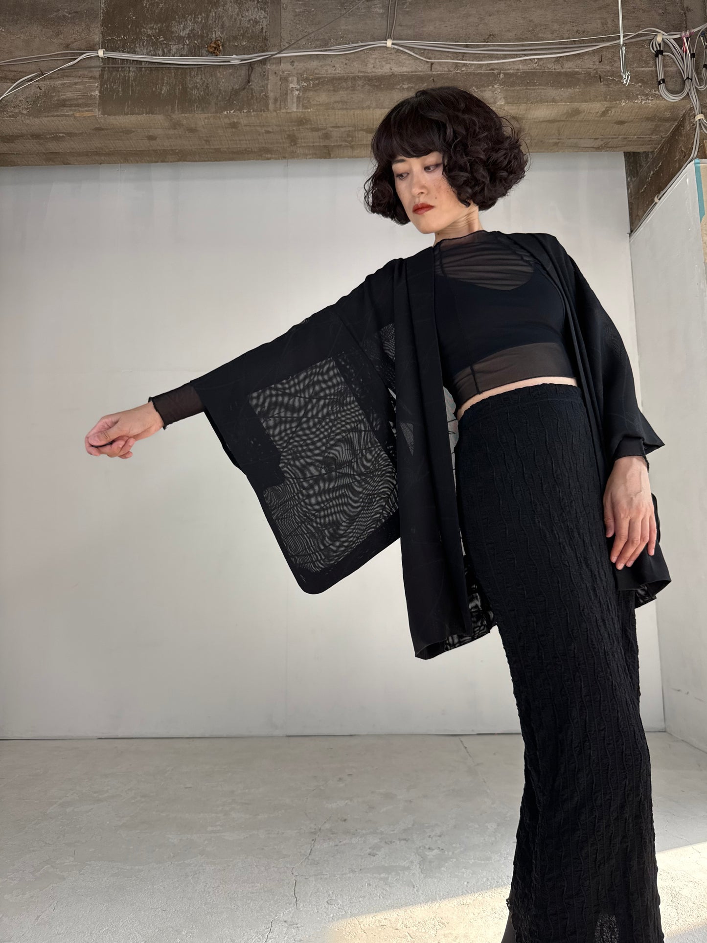 VINTAGE BLACK HAORI SHEER “sha, sougara-kamon"