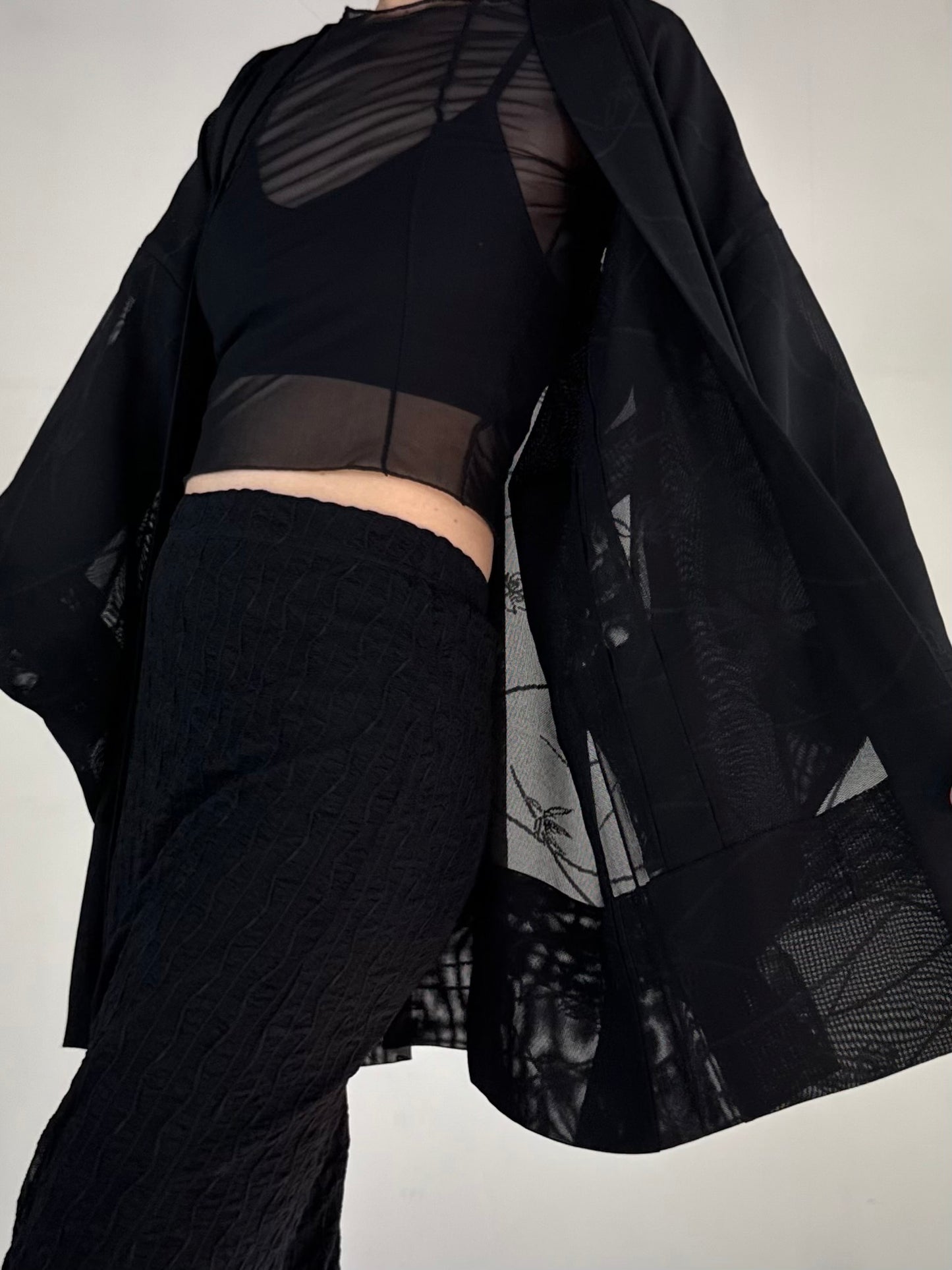 VINTAGE BLACK HAORI SHEER “sha, sougara-kamon"