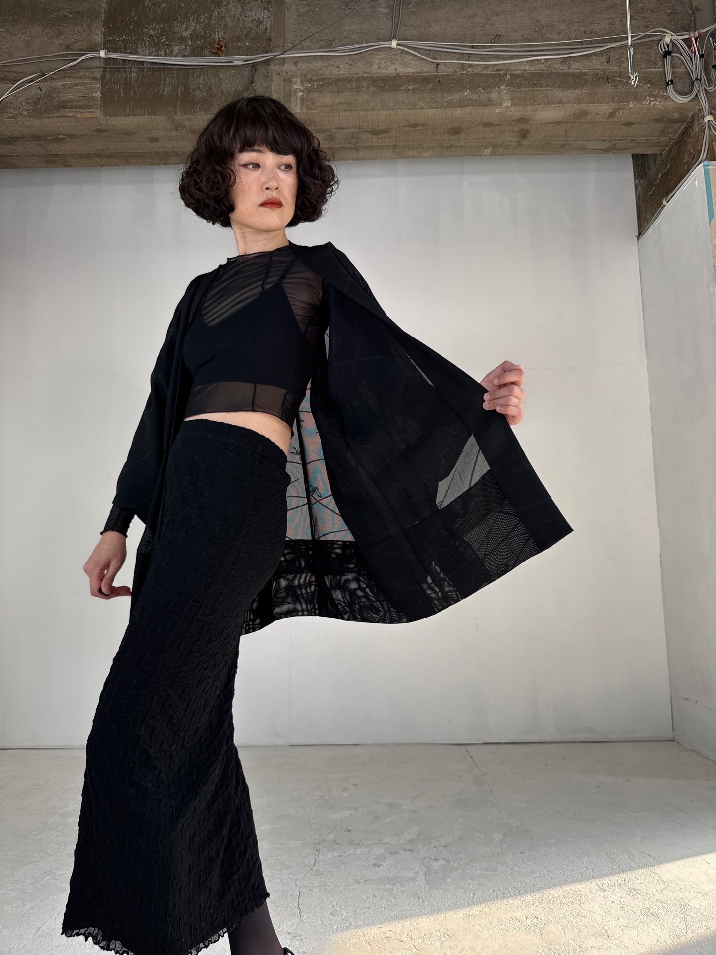 VINTAGE BLACK HAORI SHEER “sha, sougara-kamon"