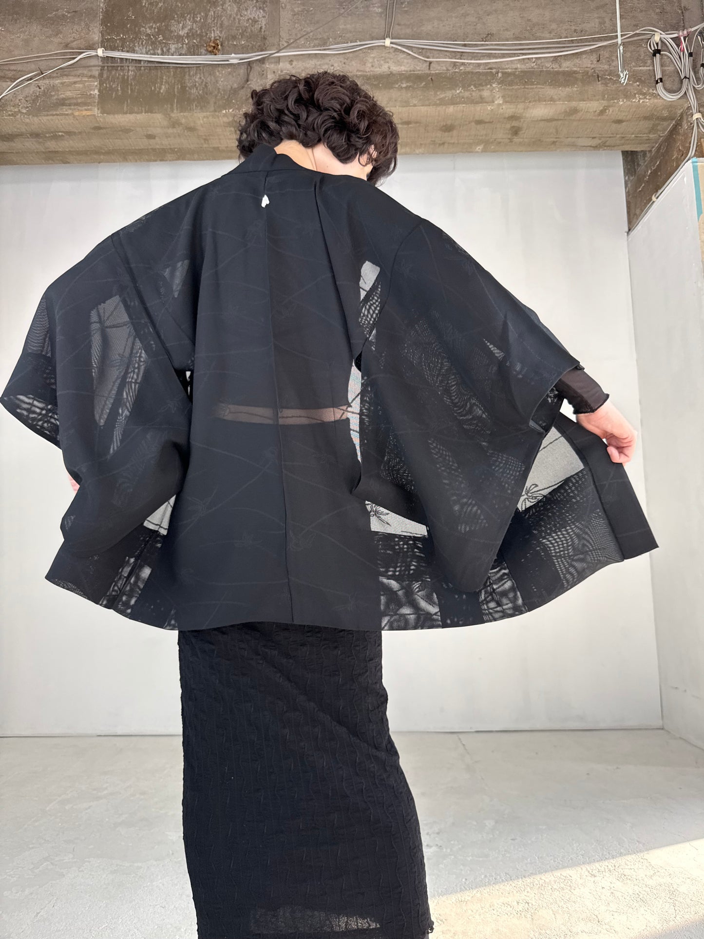 VINTAGE BLACK HAORI SHEER “sha, sougara-kamon"