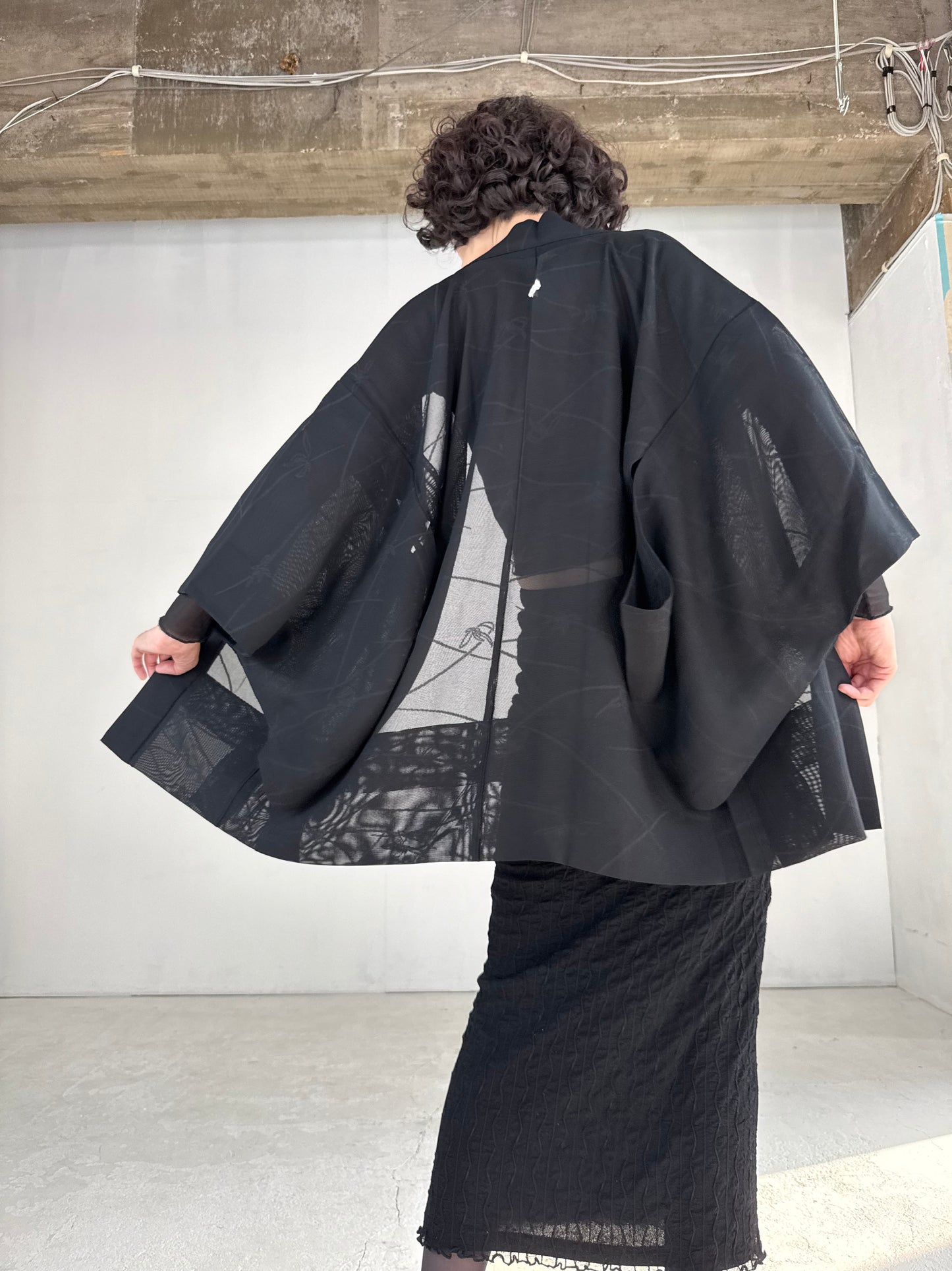 VINTAGE BLACK HAORI SHEER “sha, sougara-kamon"