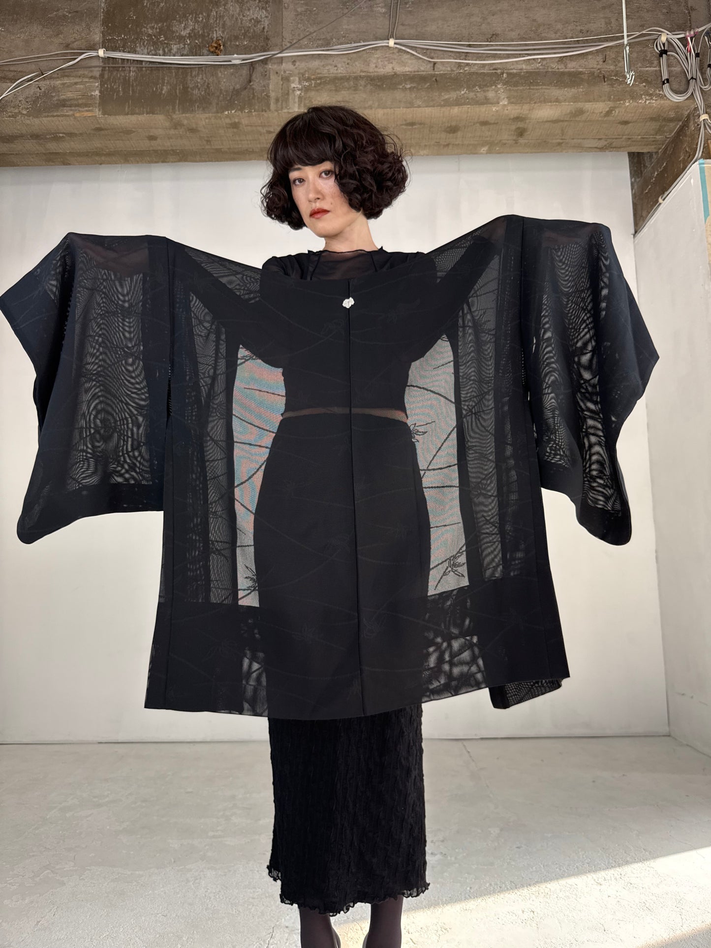VINTAGE BLACK HAORI SHEER “sha, sougara-kamon"