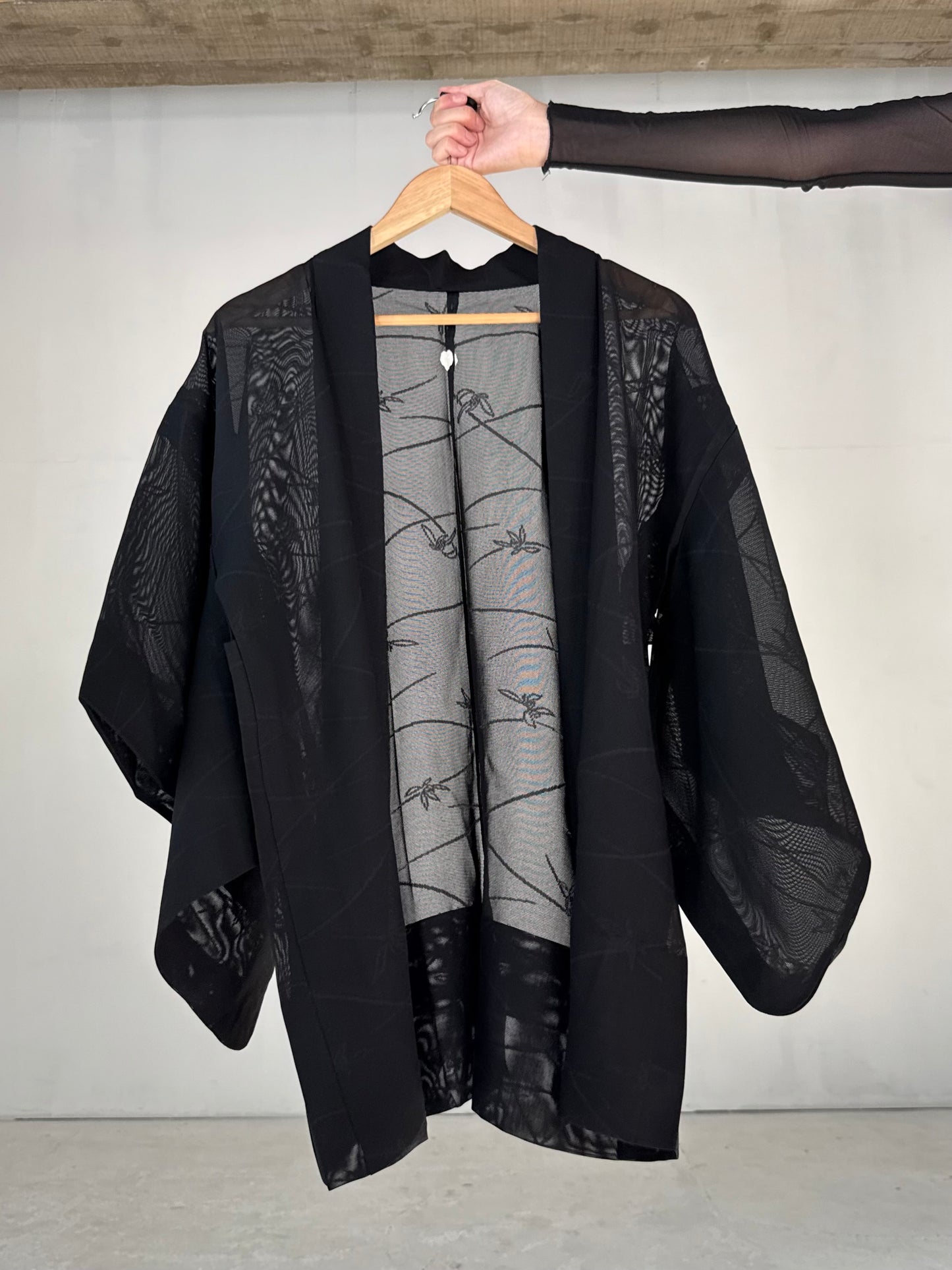VINTAGE BLACK HAORI SHEER “sha, sougara-kamon"