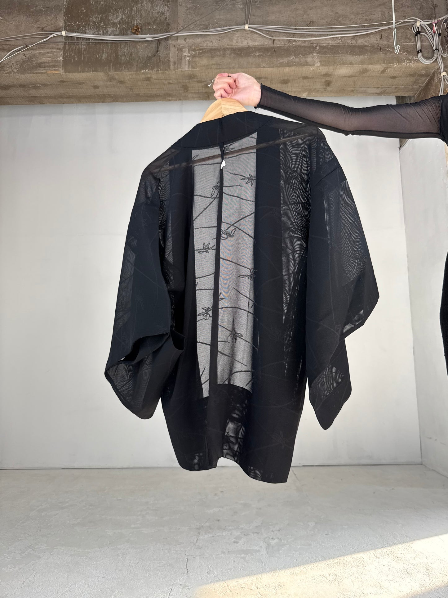 VINTAGE BLACK HAORI SHEER “sha, sougara-kamon"