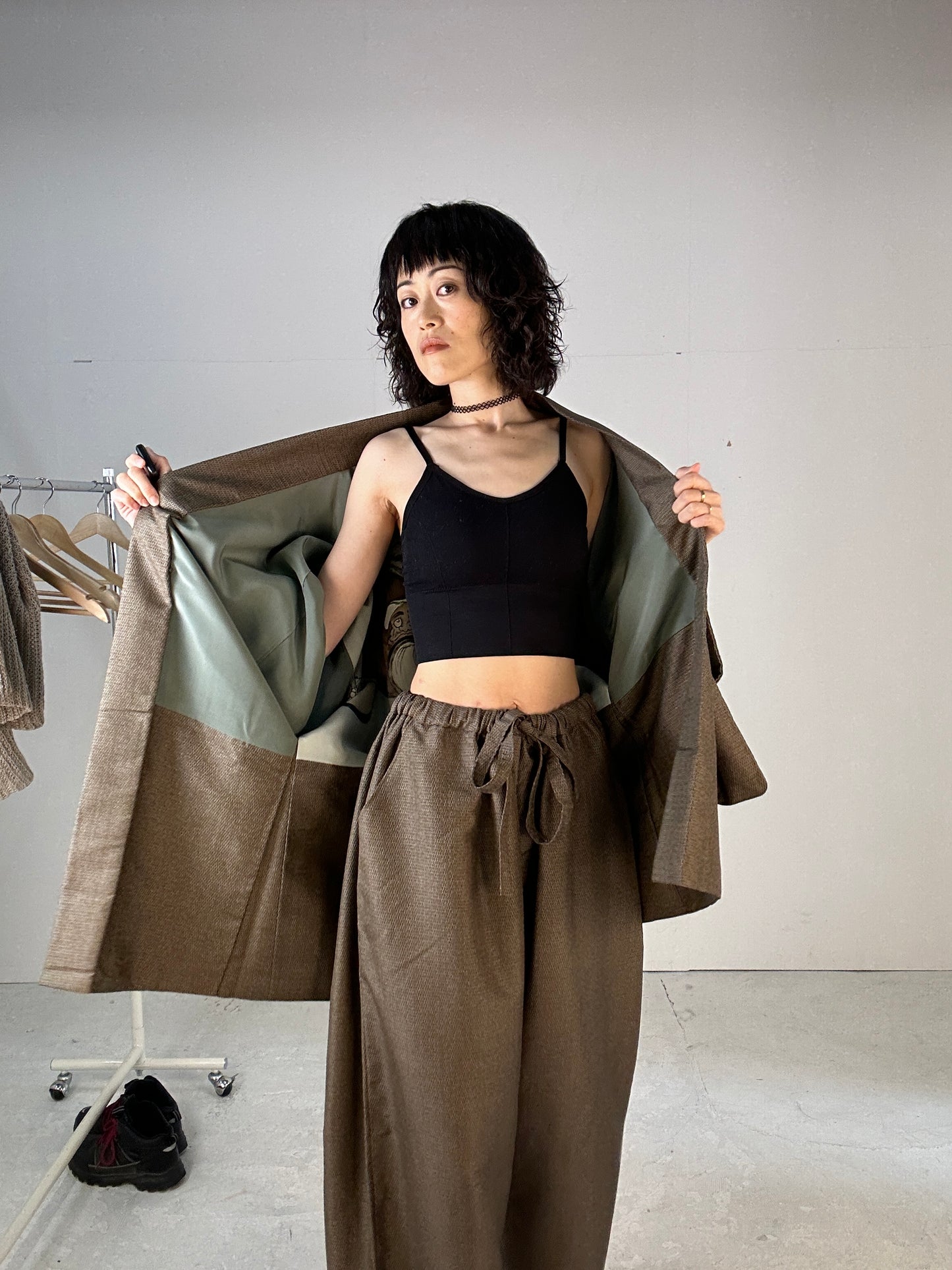Oshima Tsumugi HAORI  and KIMONO elastic waist pants(large size) upcycled from Japanese kimono(Unisex)