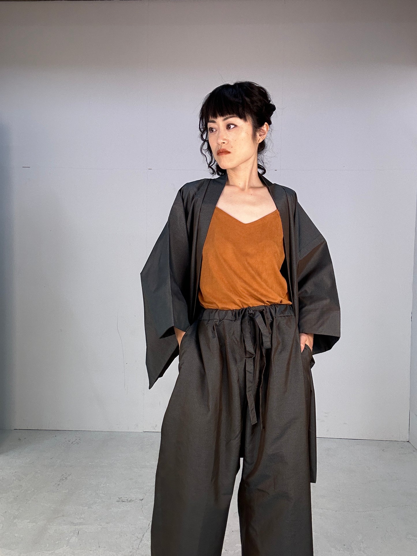 Oshima Tsumugi HAORI  and KIMONO elastic waist pants(large size) upcycled from Japanese kimono(Unisex)"tsudumi"