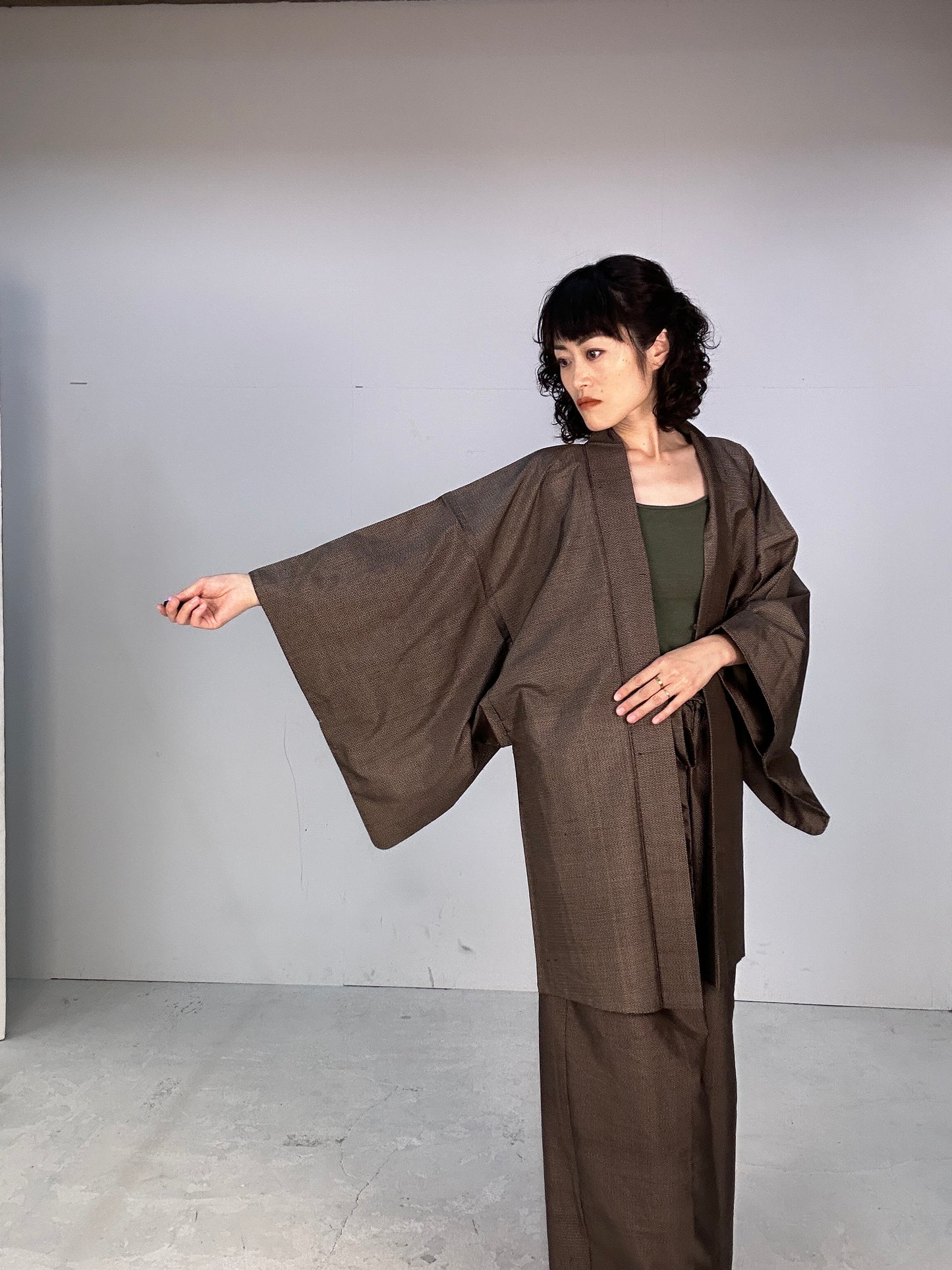 Oshima Tsumugi HAORI  and KIMONO elastic waist pants(large size) upcycled from Japanese kimono(Unisex)"dragon tiger"