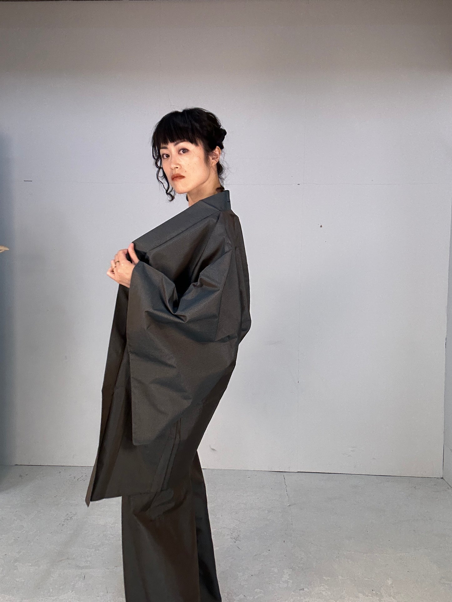 Oshima Tsumugi HAORI  and KIMONO elastic waist pants(large size) upcycled from Japanese kimono(Unisex)"tsudumi"