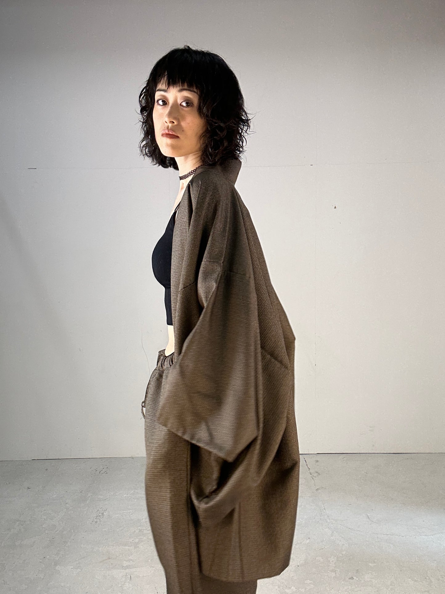 Oshima Tsumugi HAORI  and KIMONO elastic waist pants(large size) upcycled from Japanese kimono(Unisex)