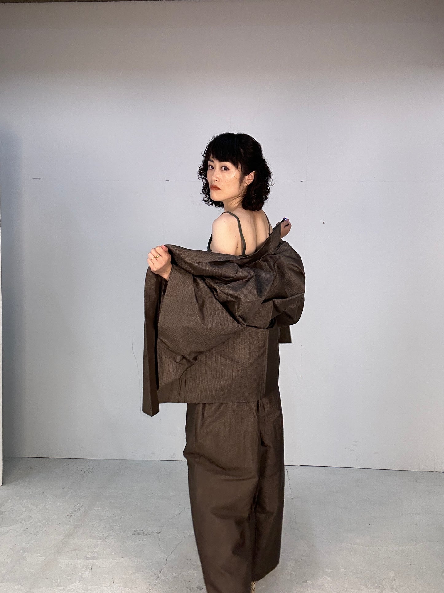 Oshima Tsumugi HAORI  and KIMONO elastic waist pants(large size) upcycled from Japanese kimono(Unisex)"dragon tiger"