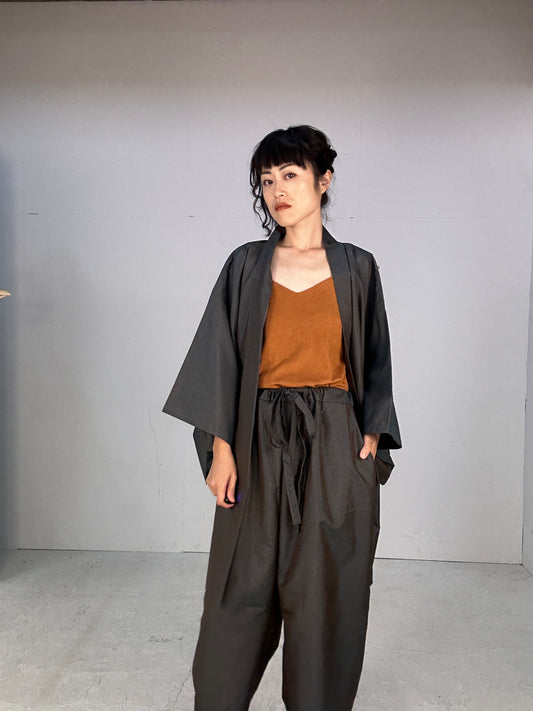 Oshima Tsumugi HAORI  and KIMONO elastic waist pants(large size) upcycled from Japanese kimono(Unisex)"tsudumi"