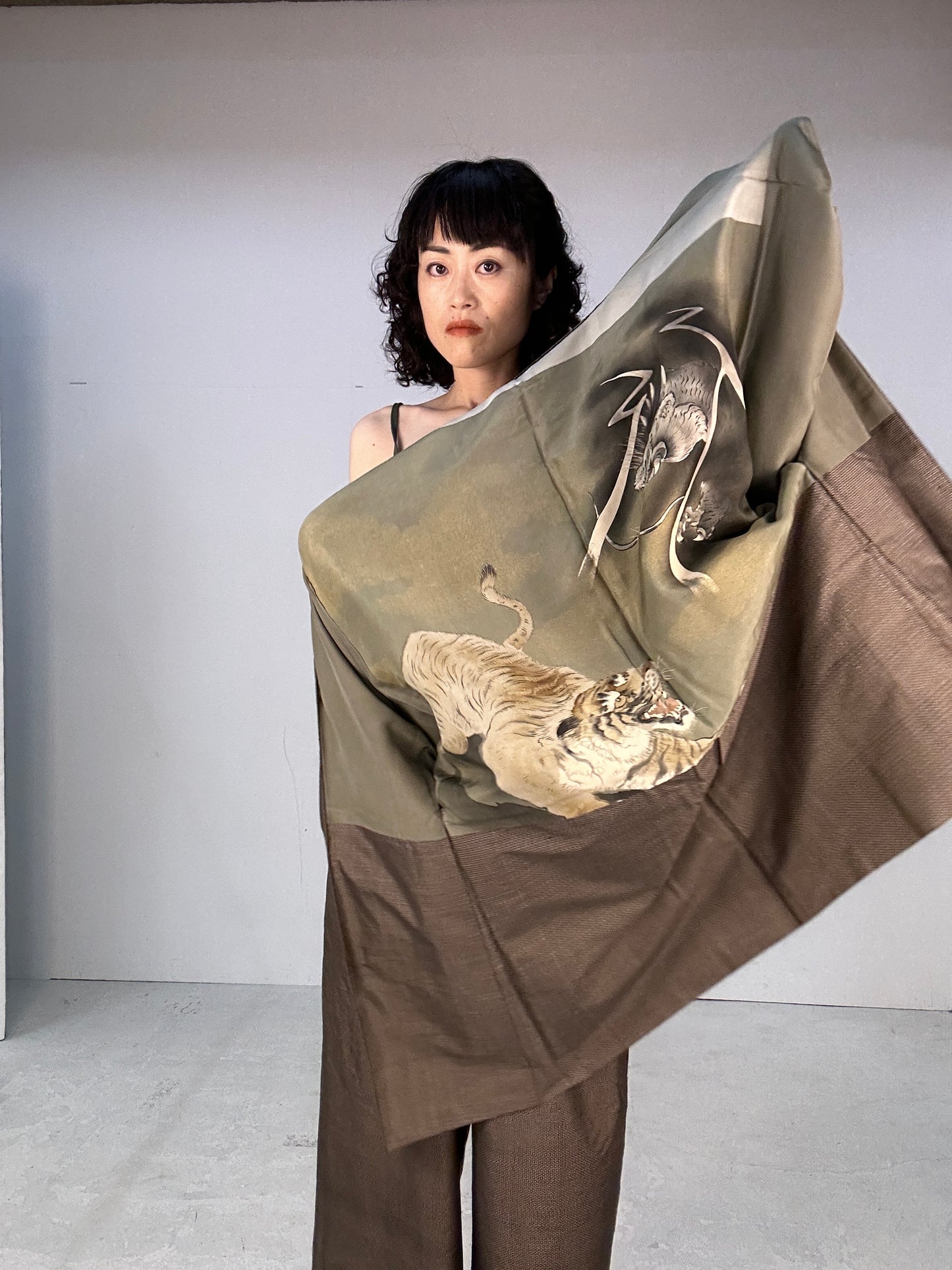 Oshima Tsumugi HAORI  and KIMONO elastic waist pants(large size) upcycled from Japanese kimono(Unisex)"dragon tiger"