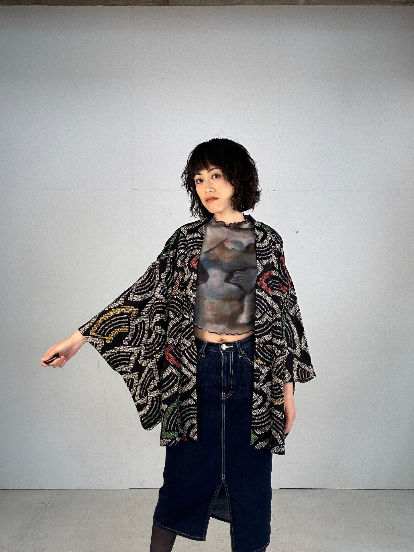 VINTAGE SHIBORI HAORI "black ougi"