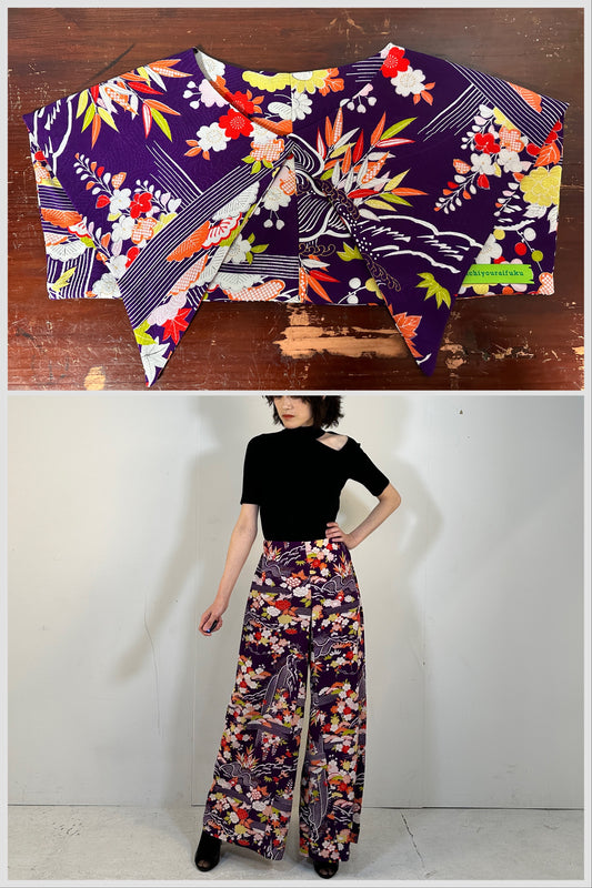 004_KIMONO DRESSY elastic waist pants upcycled from Japanese kimono