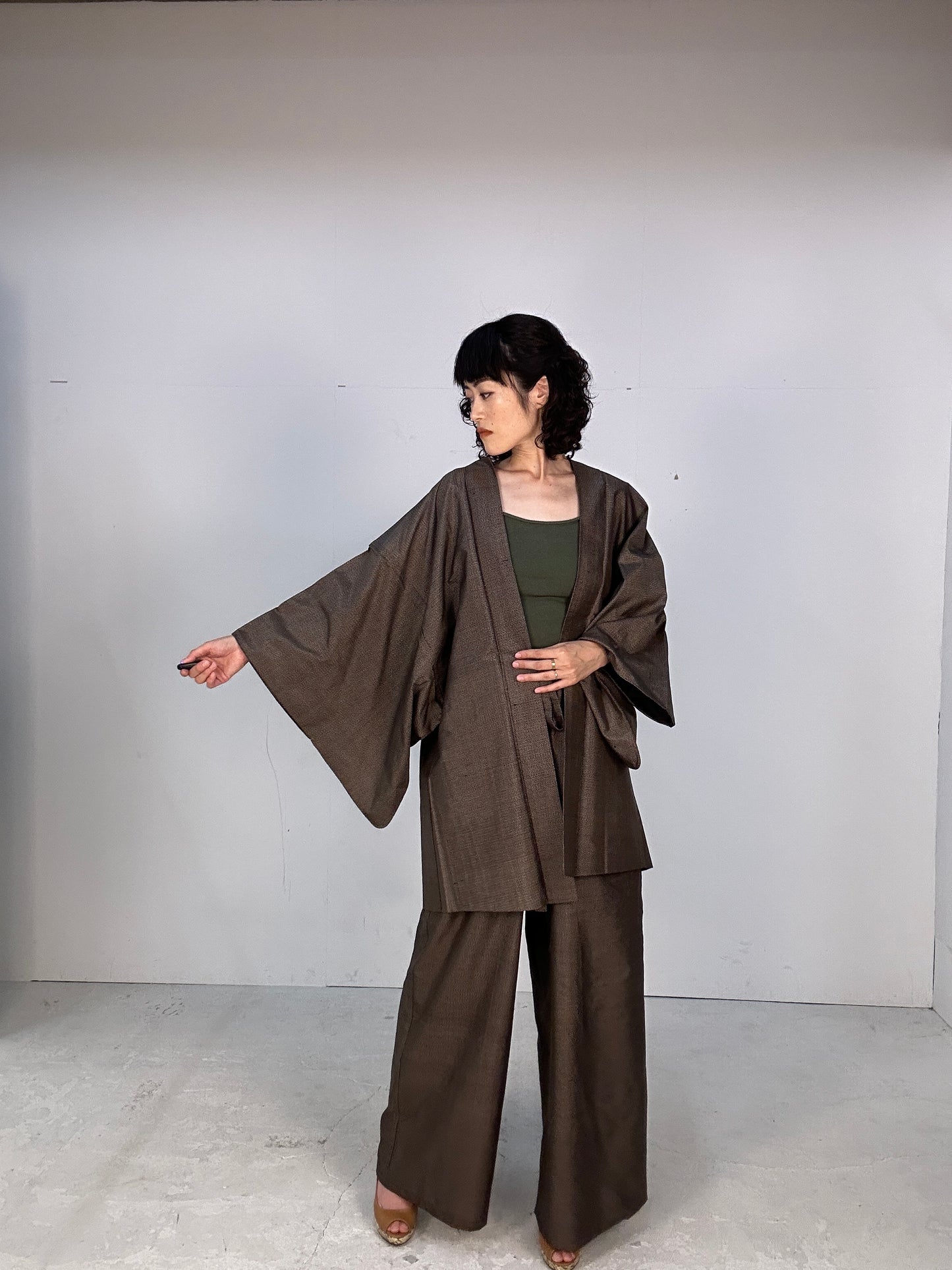 Oshima Tsumugi HAORI  and KIMONO elastic waist pants(large size) upcycled from Japanese kimono(Unisex)"dragon tiger"