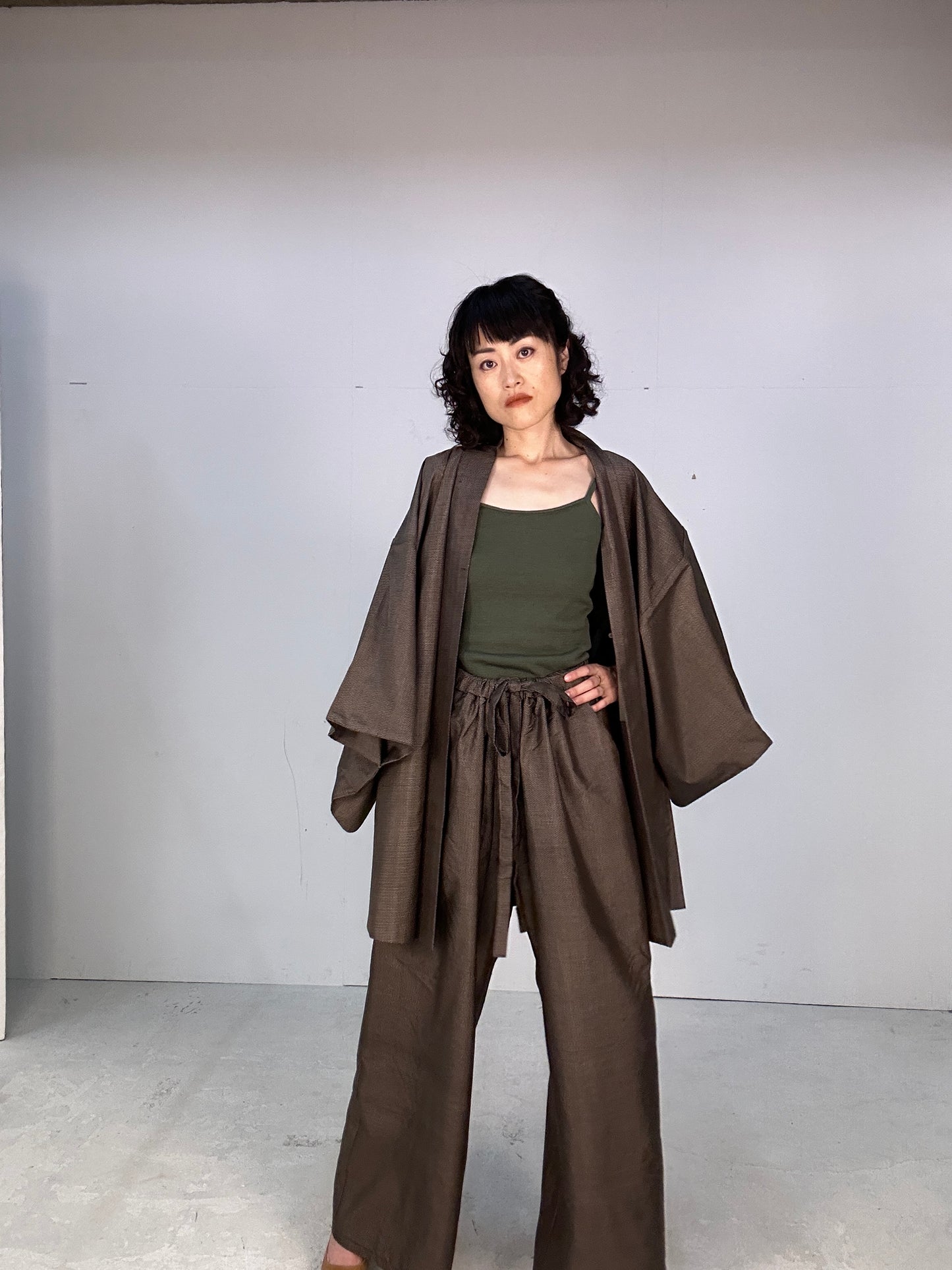 Oshima Tsumugi HAORI  and KIMONO elastic waist pants(large size) upcycled from Japanese kimono(Unisex)"dragon tiger"