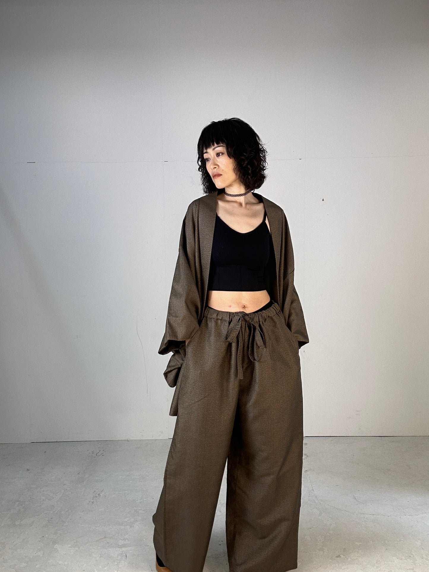 Oshima Tsumugi HAORI  and KIMONO elastic waist pants(large size) upcycled from Japanese kimono(Unisex)