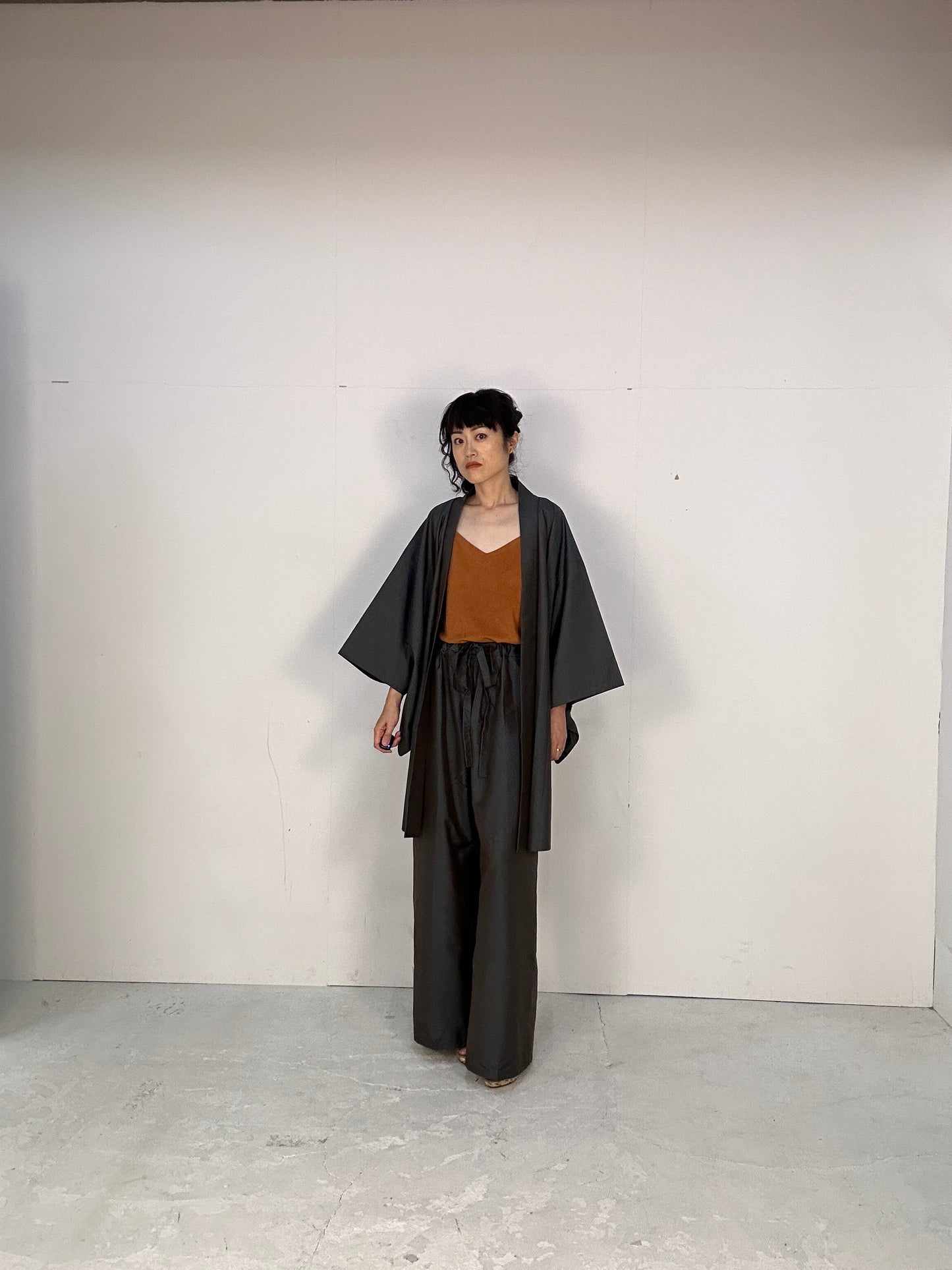 Oshima Tsumugi HAORI  and KIMONO elastic waist pants(large size) upcycled from Japanese kimono(Unisex)"tsudumi"