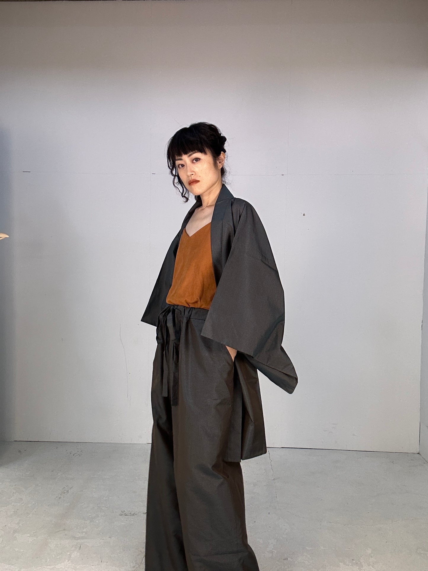 Oshima Tsumugi HAORI  and KIMONO elastic waist pants(large size) upcycled from Japanese kimono(Unisex)"tsudumi"