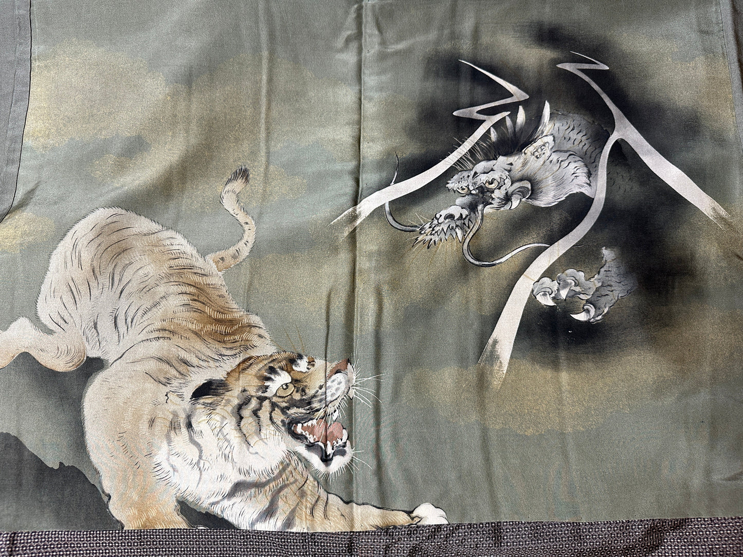 Oshima Tsumugi HAORI  and KIMONO elastic waist pants(large size) upcycled from Japanese kimono(Unisex)"dragon tiger"