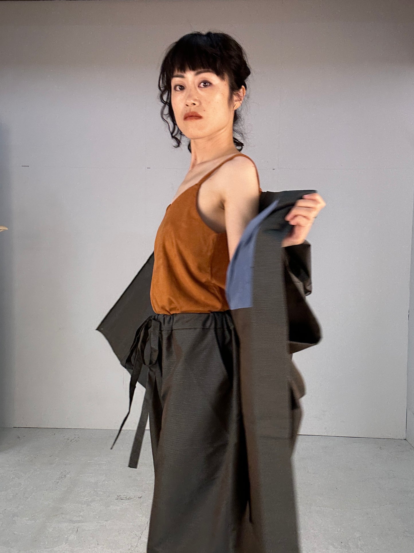 Oshima Tsumugi HAORI  and KIMONO elastic waist pants(large size) upcycled from Japanese kimono(Unisex)"tsudumi"