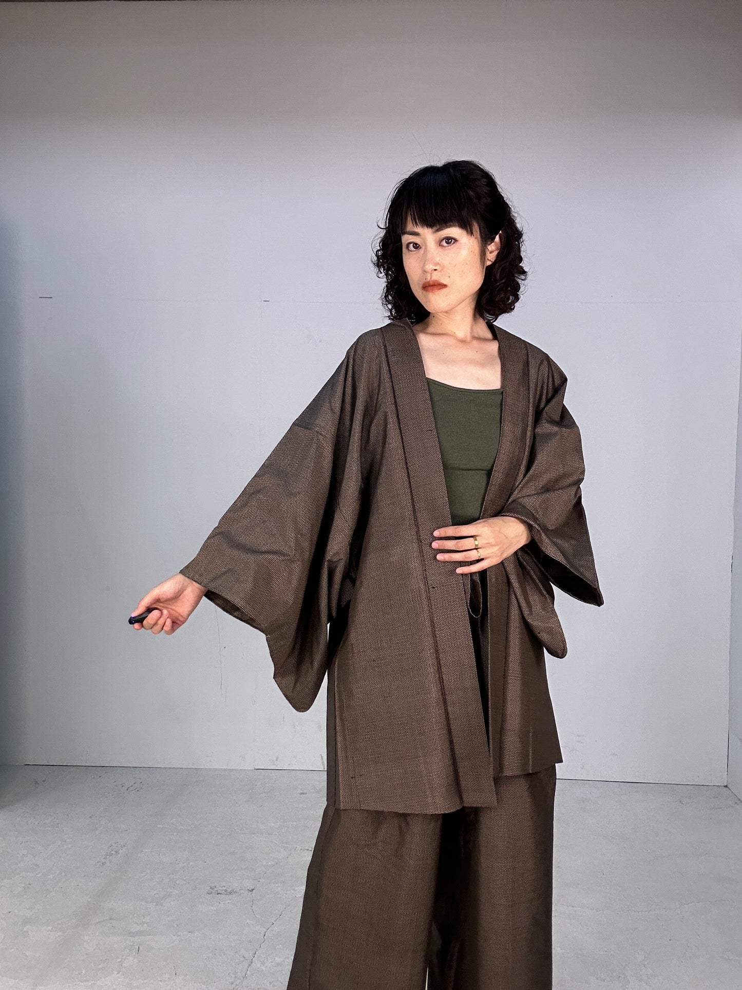 Oshima Tsumugi HAORI  and KIMONO elastic waist pants(large size) upcycled from Japanese kimono(Unisex)"dragon tiger"