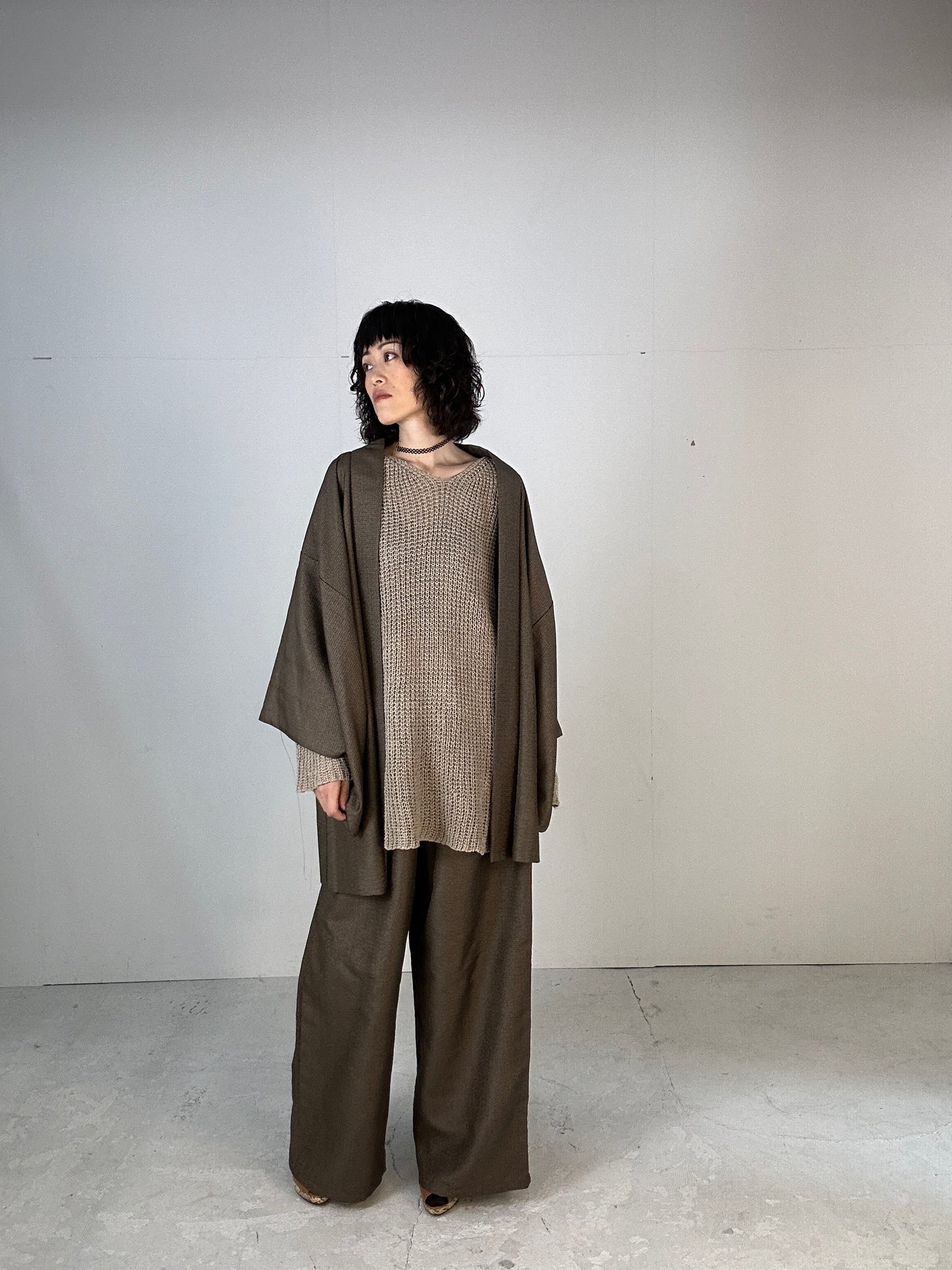 Oshima Tsumugi HAORI  and KIMONO elastic waist pants(large size) upcycled from Japanese kimono(Unisex)