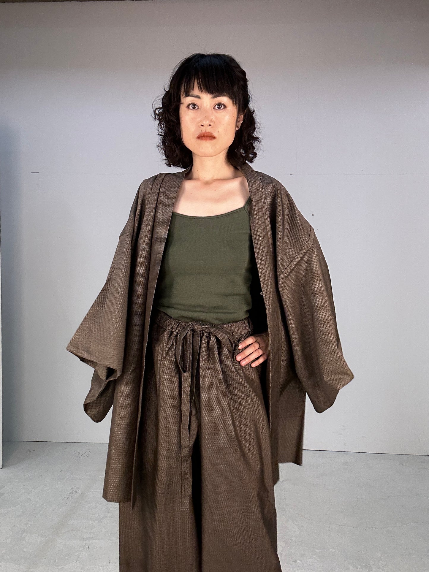 Oshima Tsumugi HAORI  and KIMONO elastic waist pants(large size) upcycled from Japanese kimono(Unisex)"dragon tiger"