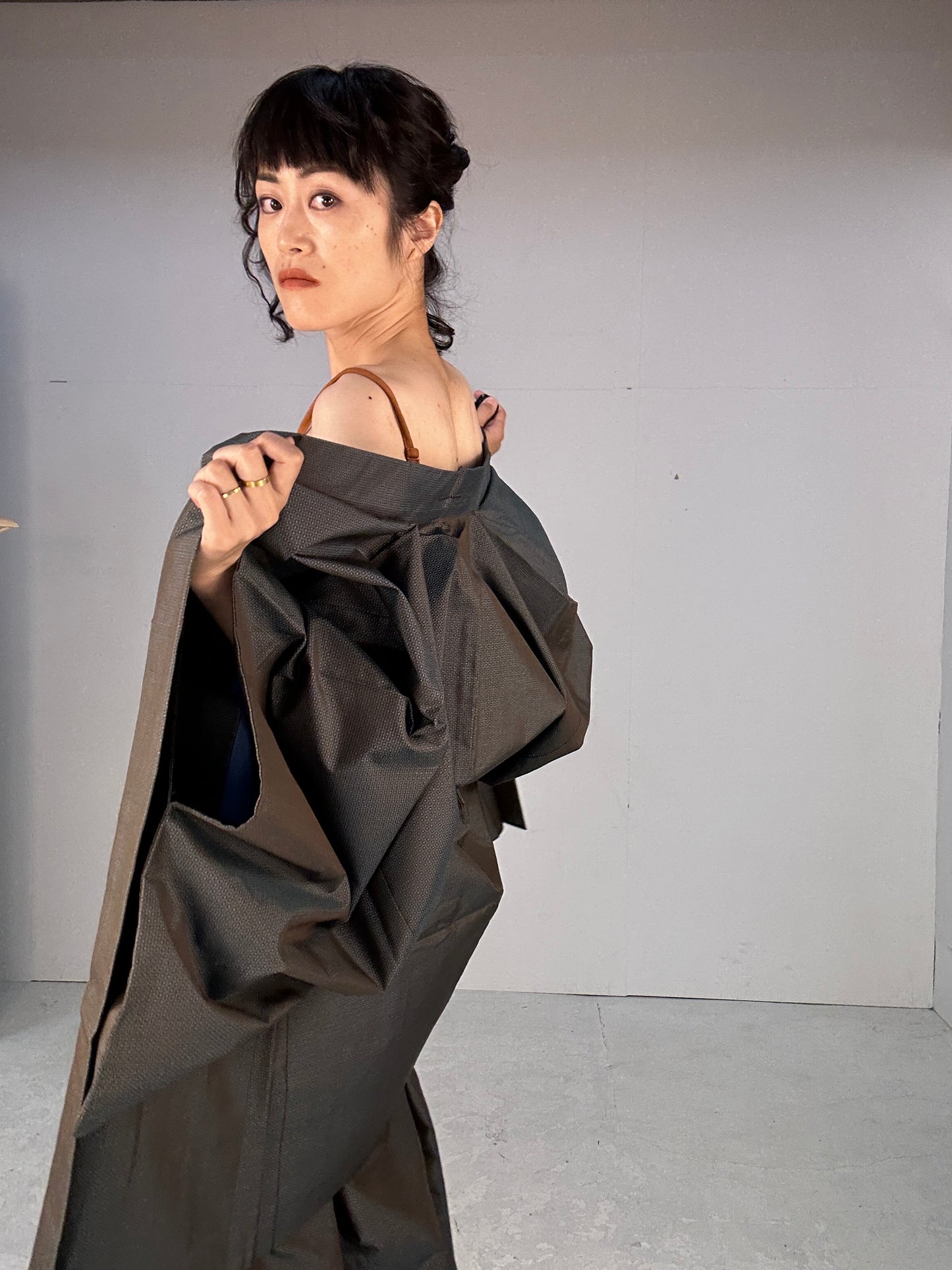 Oshima Tsumugi HAORI  and KIMONO elastic waist pants(large size) upcycled from Japanese kimono(Unisex)"tsudumi"